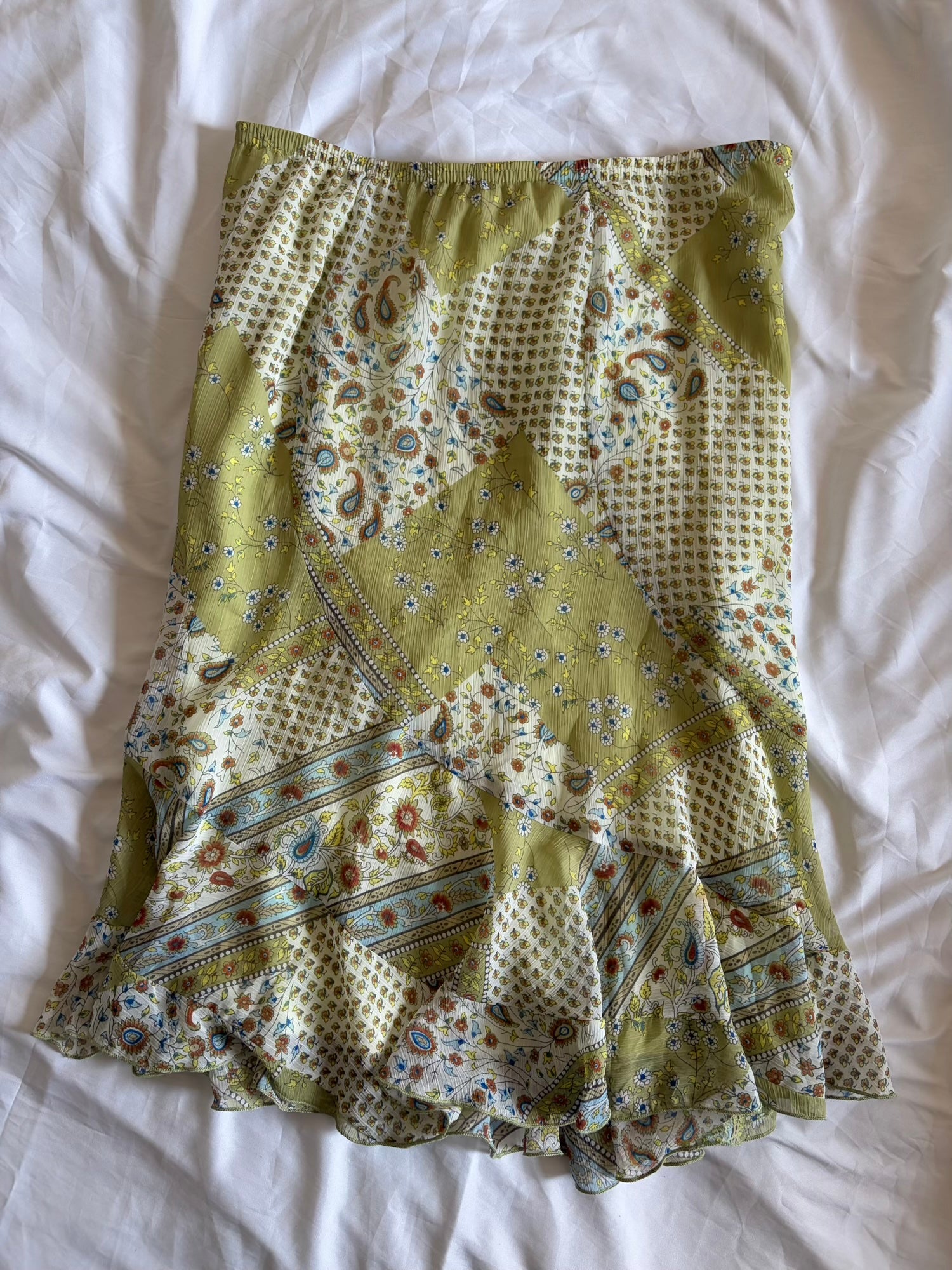 Vintage 1990s Green Floral and Paisley Midi Skirt with Floaty Hem