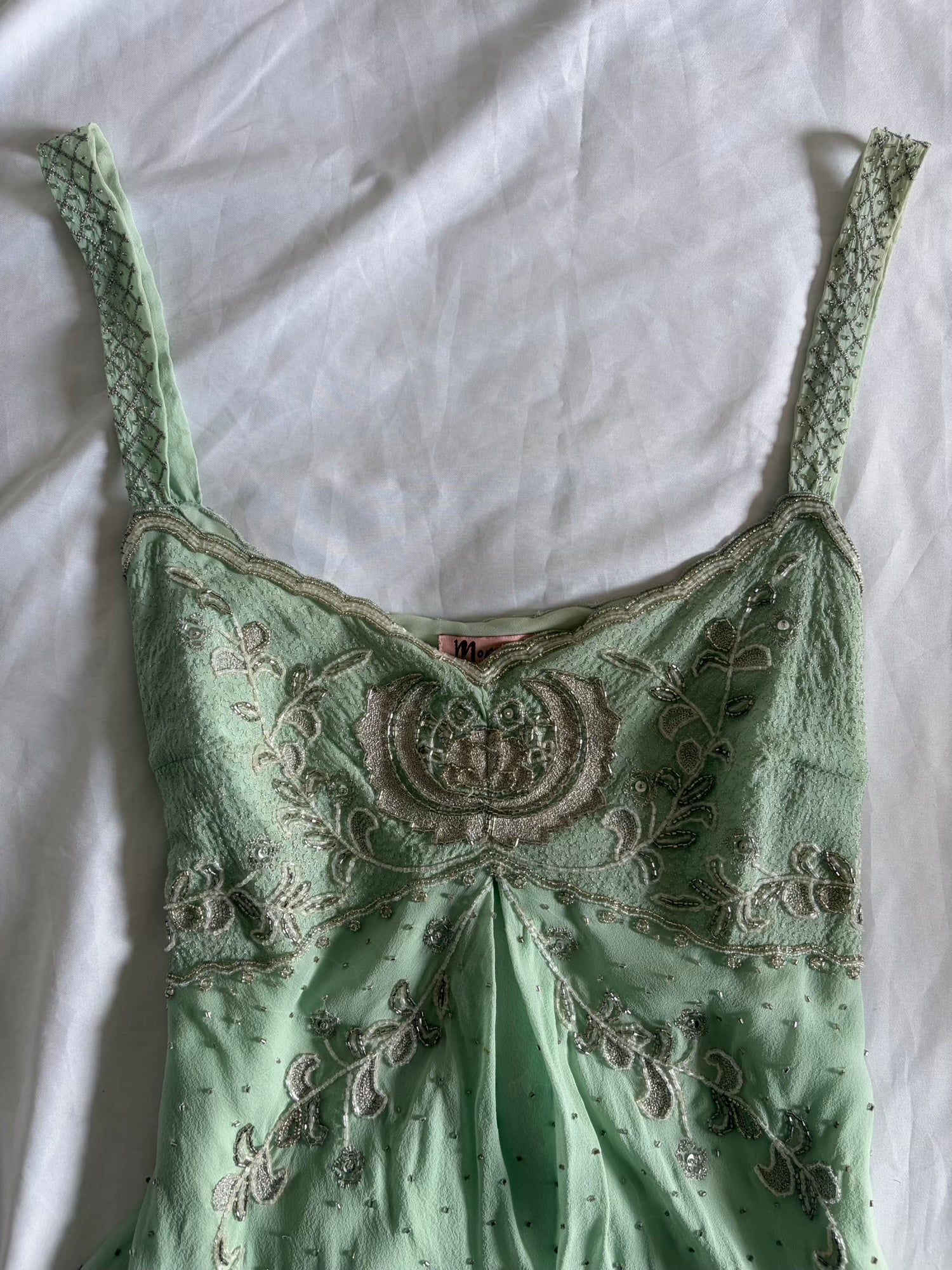 Vintage Y2K Silk Turquoise Mint Cami with Embroidery Beads and Sequin
