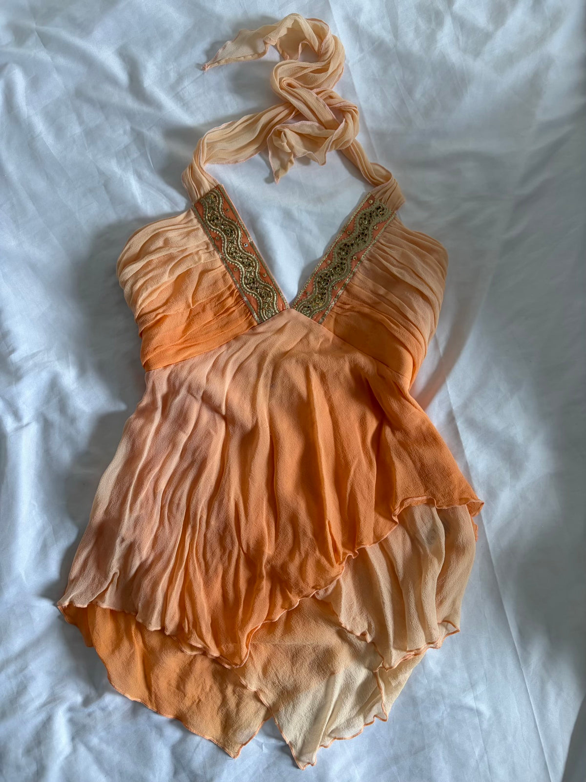 Vintage 2000s Silk Sunset Orange Asymmetrical Hem Halter with Beads and Sequins