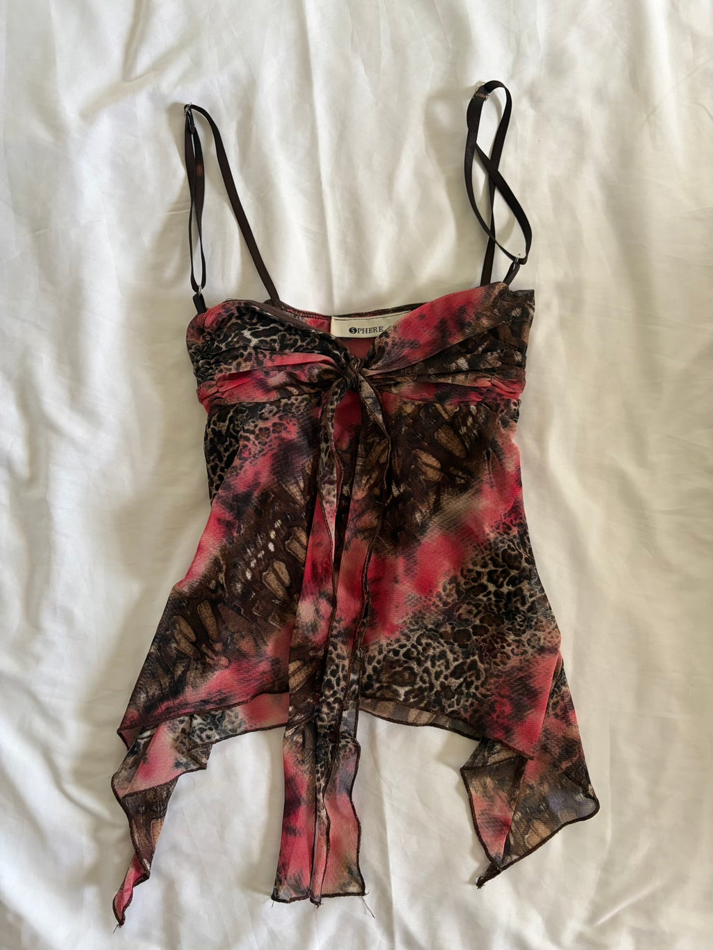 Vintage Y2K Cheetah Pink Tie Dye Handkerchief Hem Mesh Cami