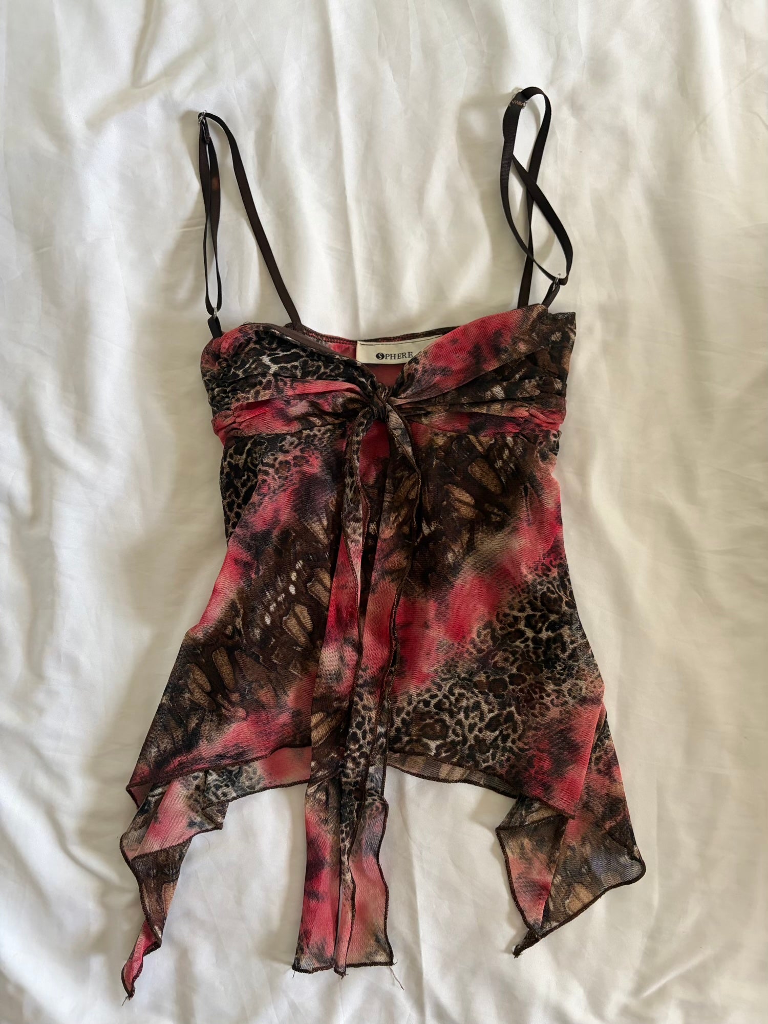 Vintage Y2K Cheetah Pink Tie Dye Handkerchief Hem Mesh Cami