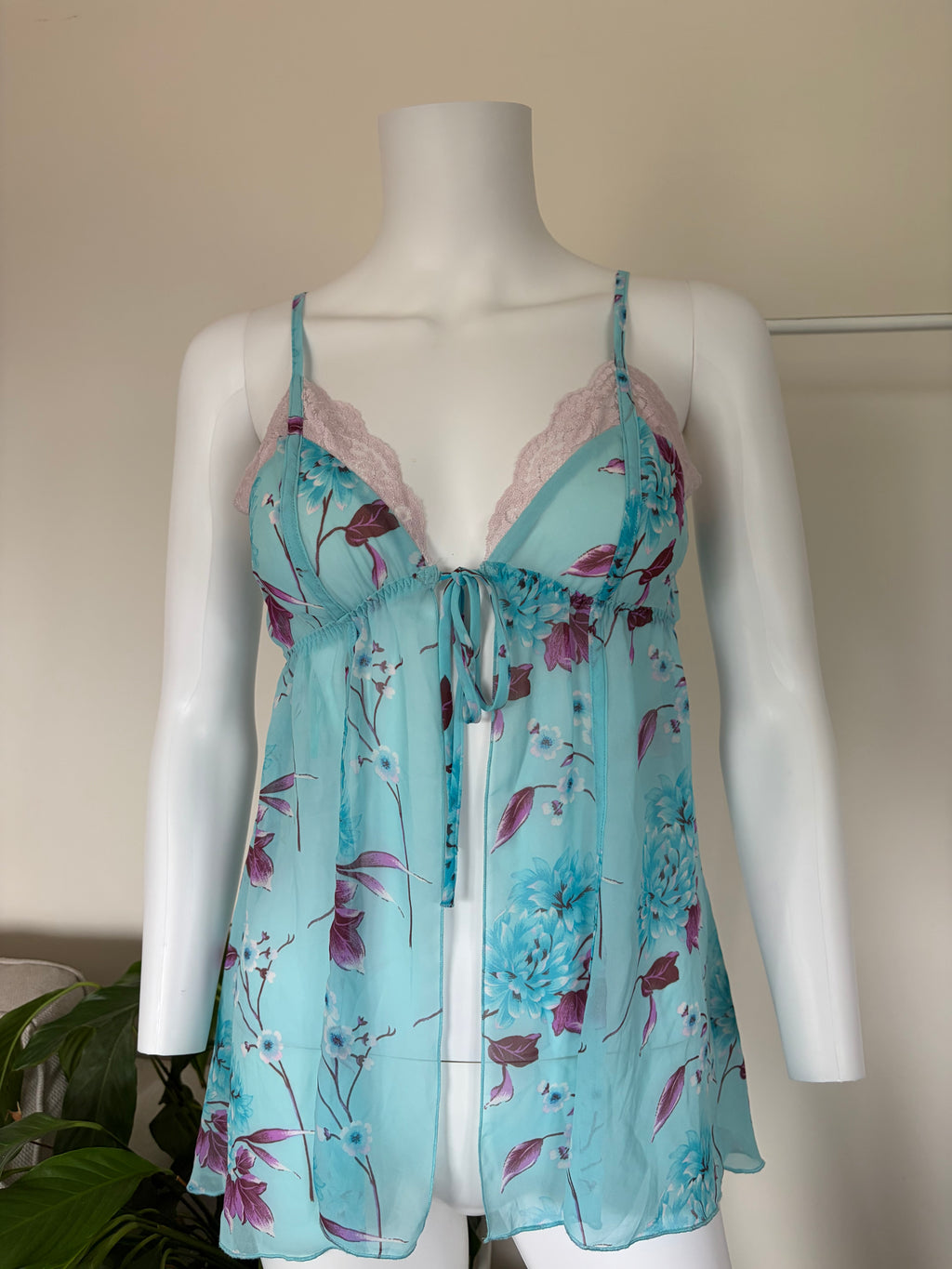 Vintage 2000s Blue Floral Tie-Bust Lace Cami