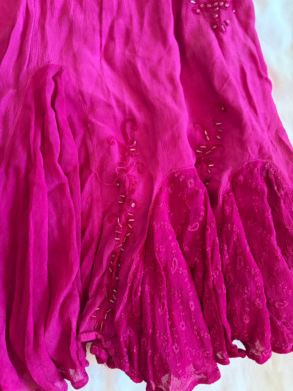 Vintage Y2K cerise maxi skirt with embroidered mermaid hem with beads