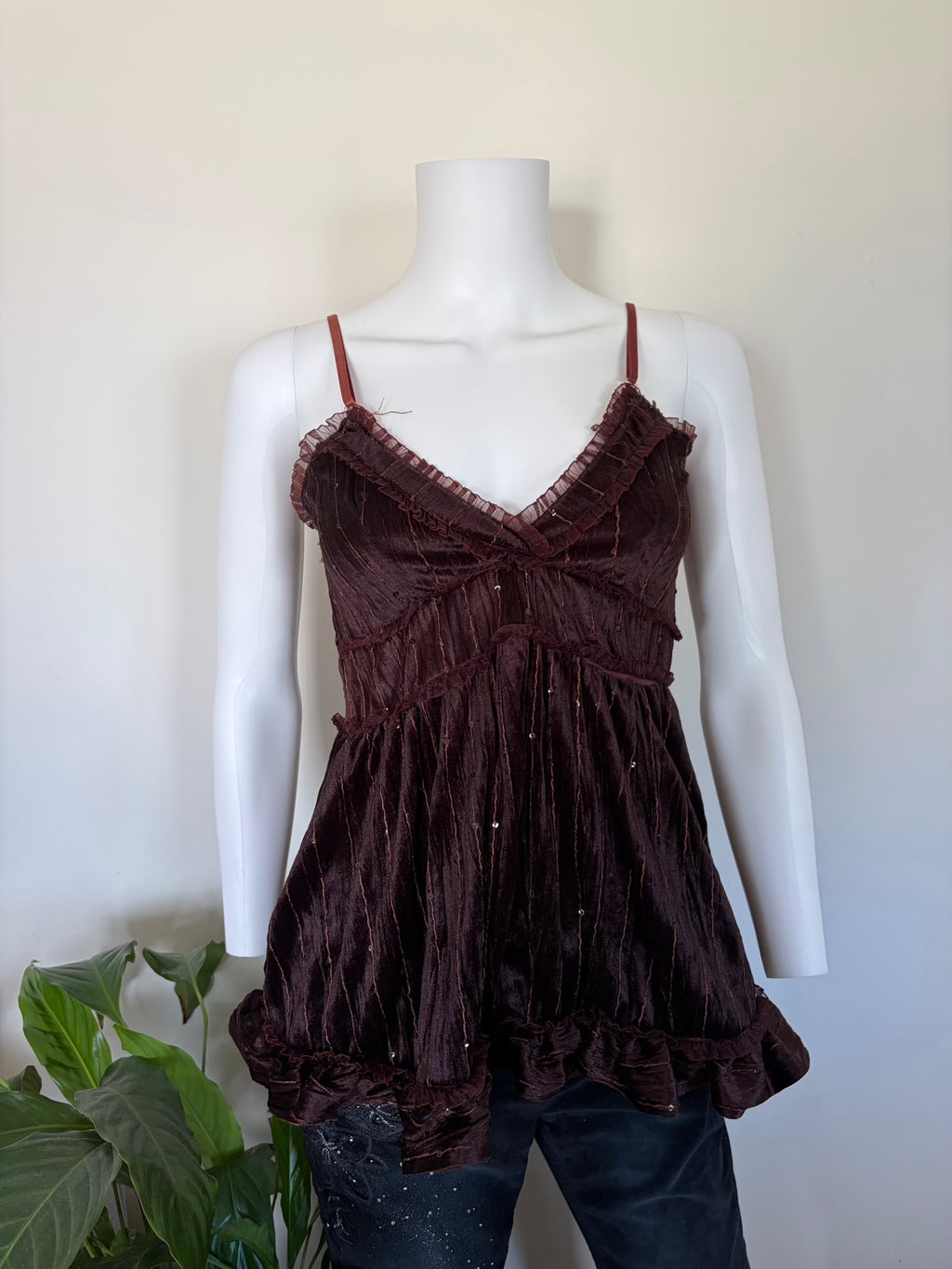 Vintage 1990s Brown Velvet Babydoll Cami with Sequins
