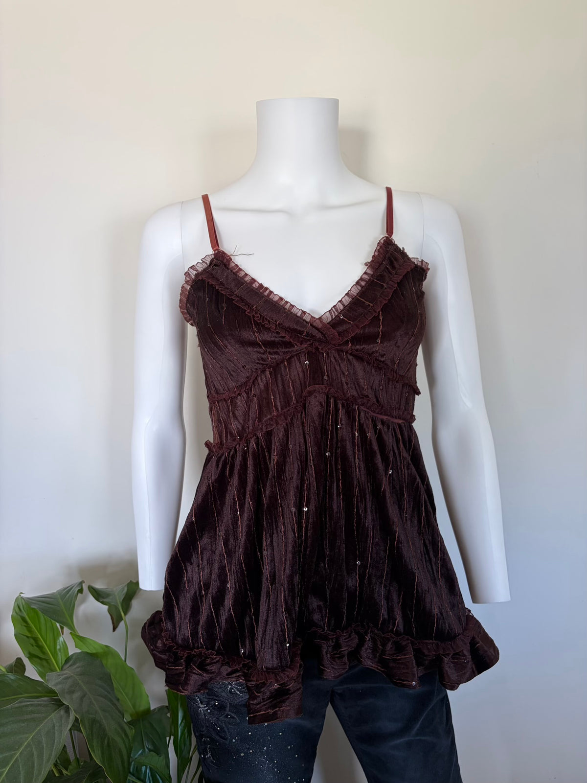 Vintage 1990s Brown Velvet Babydoll Cami with Sequins