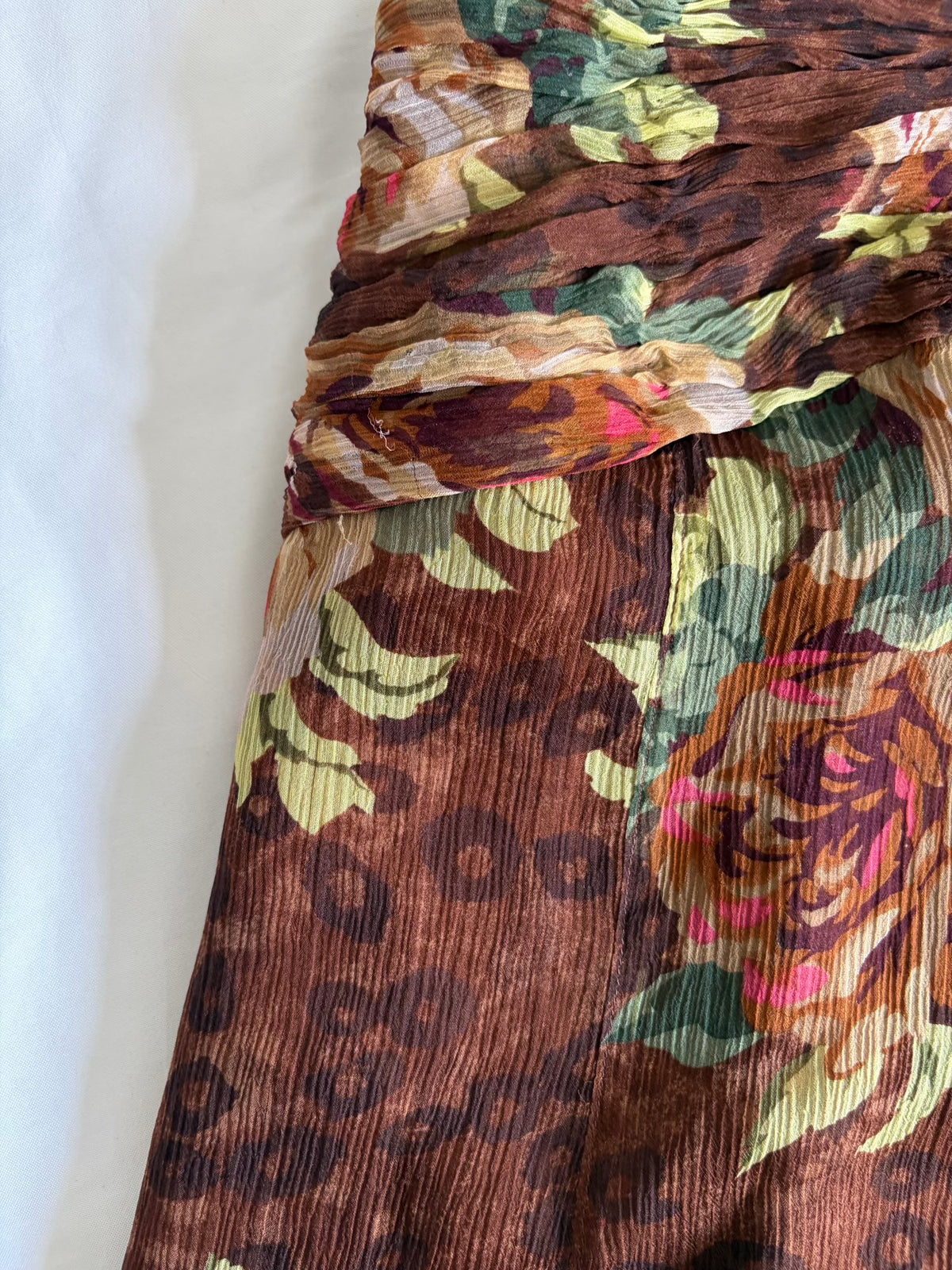 Vintage 2000s Silk Leopard and Floral Midi Skirt with Beaded Detail