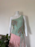 Rare 2004 Karen Millen Silk Turquoise Blouse with Fan Beadwork and Draped Fringe