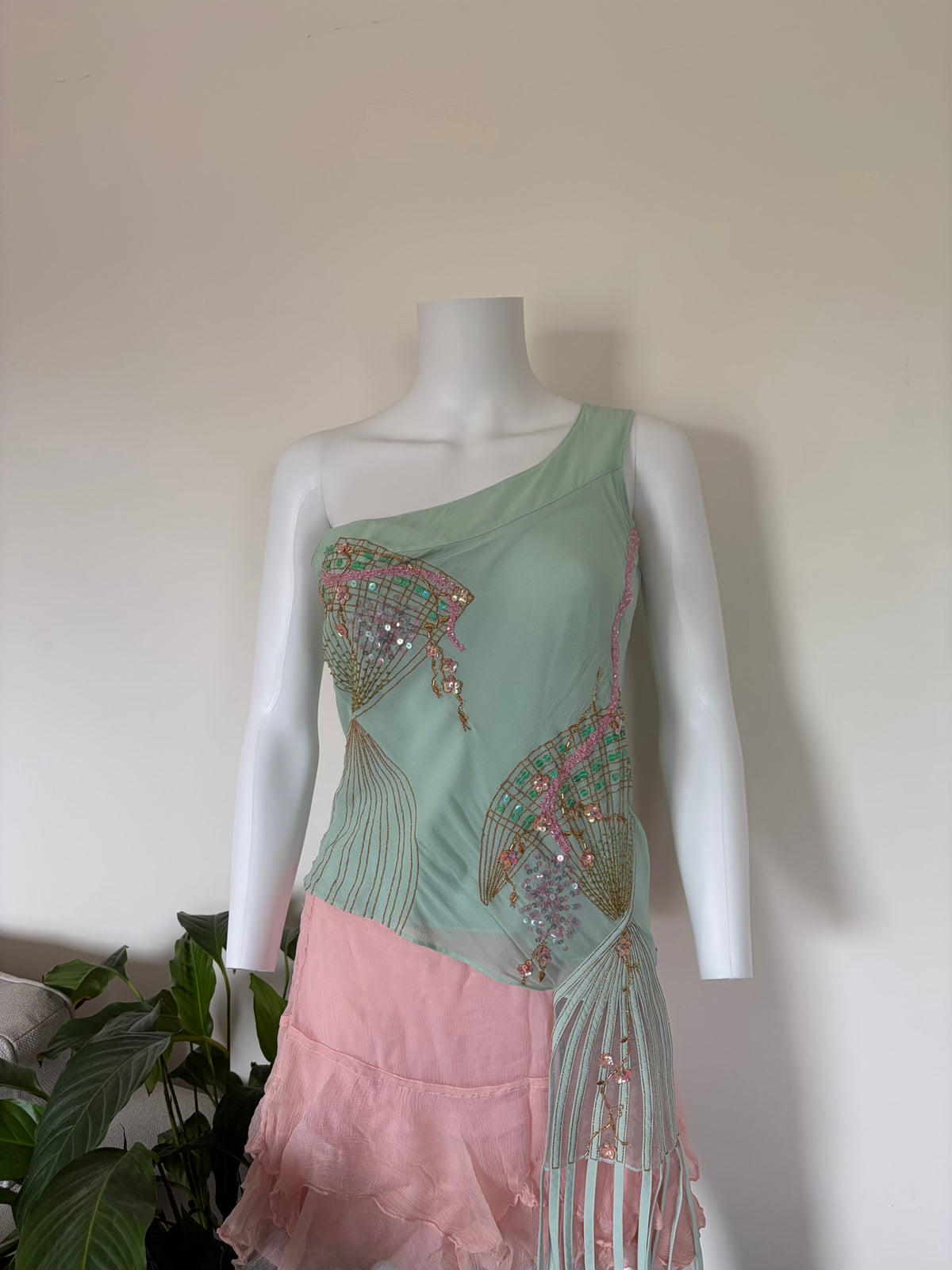 Rare 2004 Karen Millen Silk Turquoise Blouse with Fan Beadwork and Draped Fringe