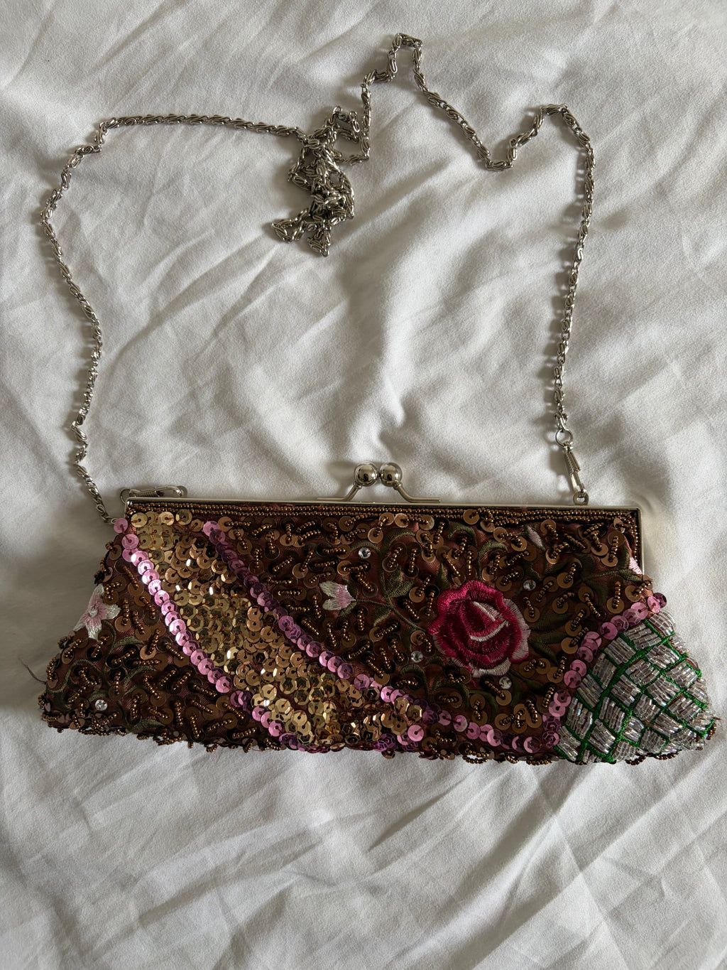 Vintage 1990s Brown Beaded Rose-Embroidered Sequin Bag