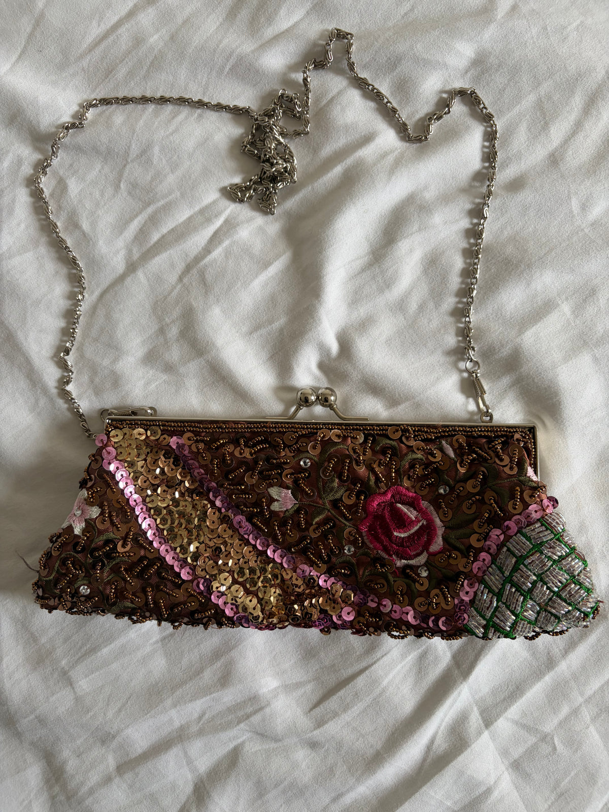 Vintage 1990s Brown Beaded Rose-Embroidered Sequin Bag