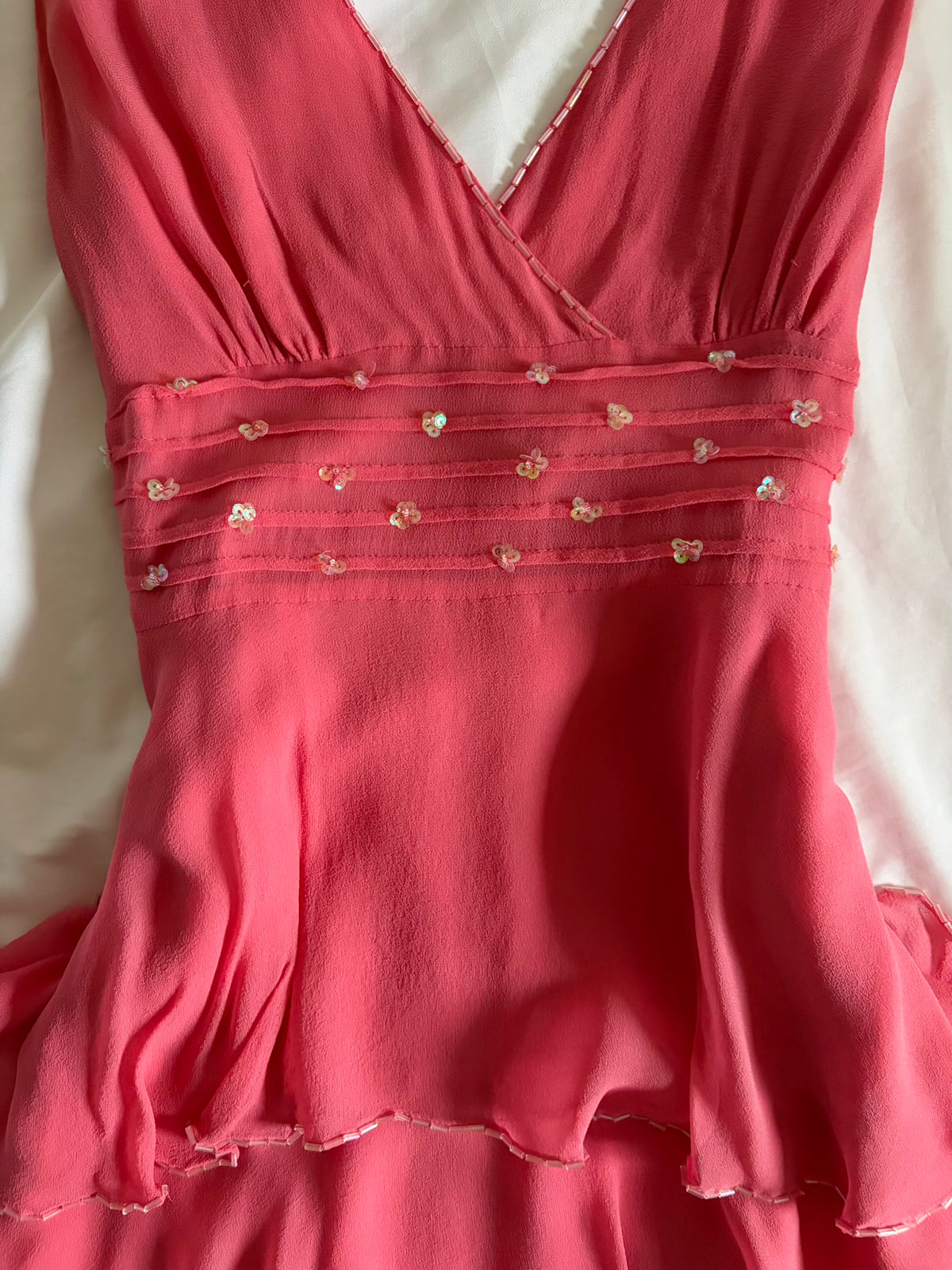 Vintage 2000s Silk Coral Ruffle Midi Dress with Beads and Sequins