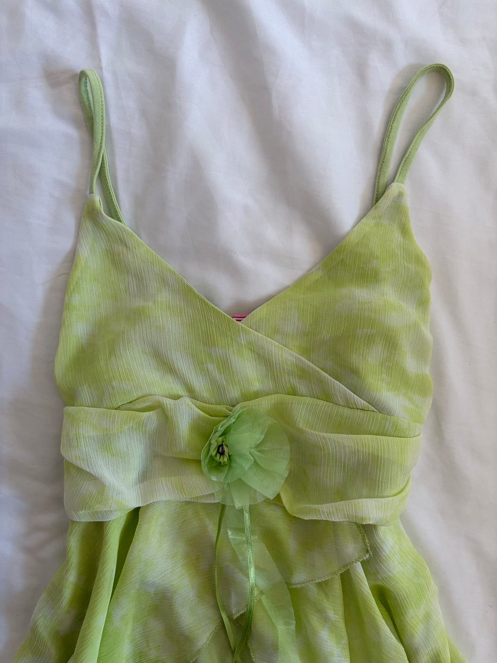 Vintage Y2K Neon Green Handkerchief Hem Cami with Floral Brooch