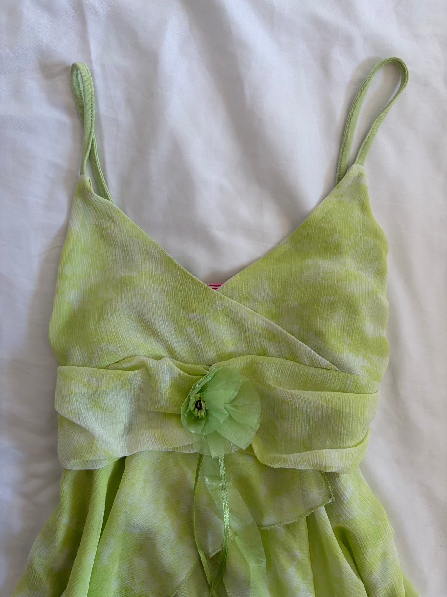 Vintage Y2K Neon Green Handkerchief Hem Cami with Floral Brooch