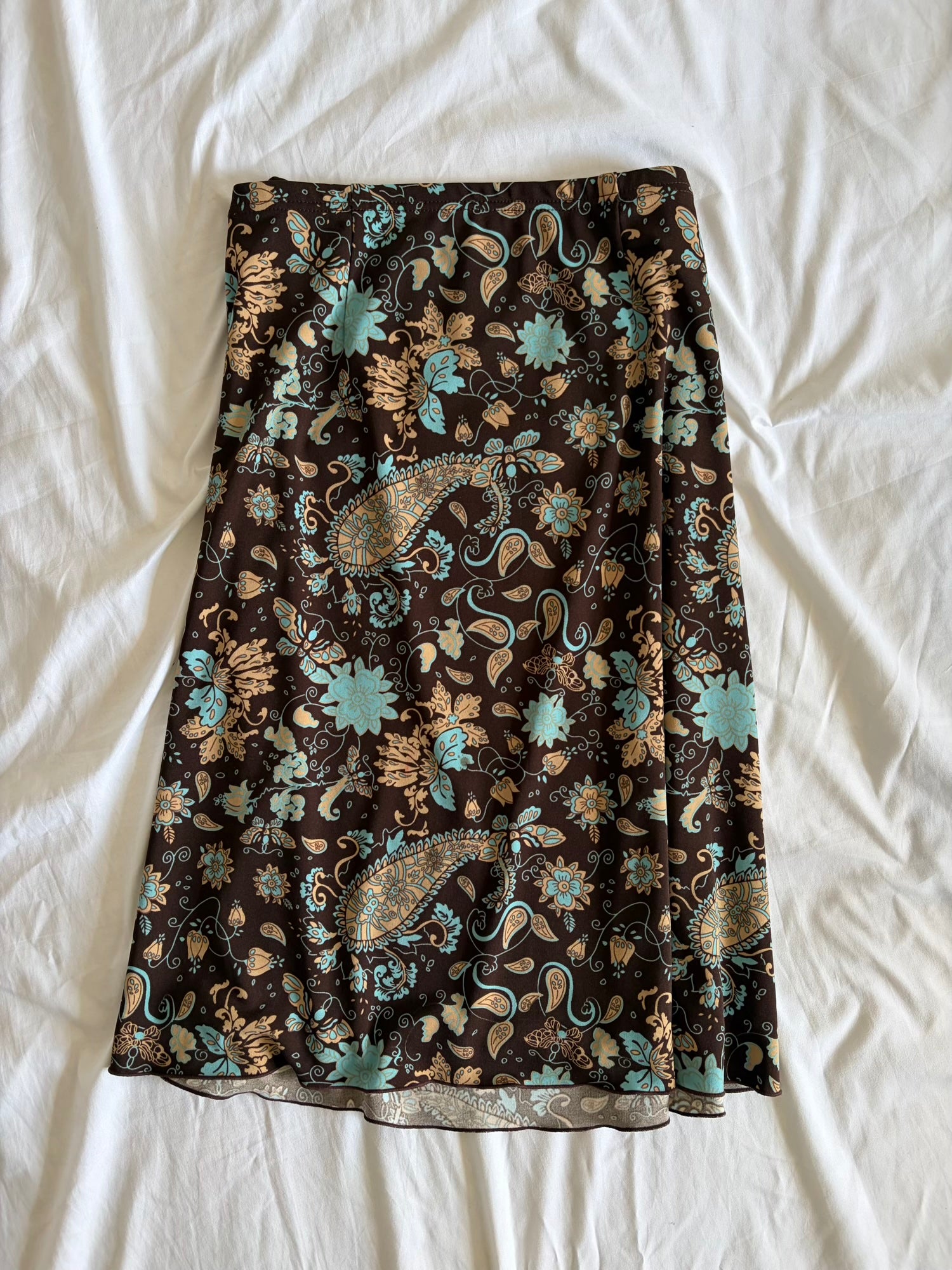 Vintage Y2K Brown and Turquoise Paisley Midi Skirt
