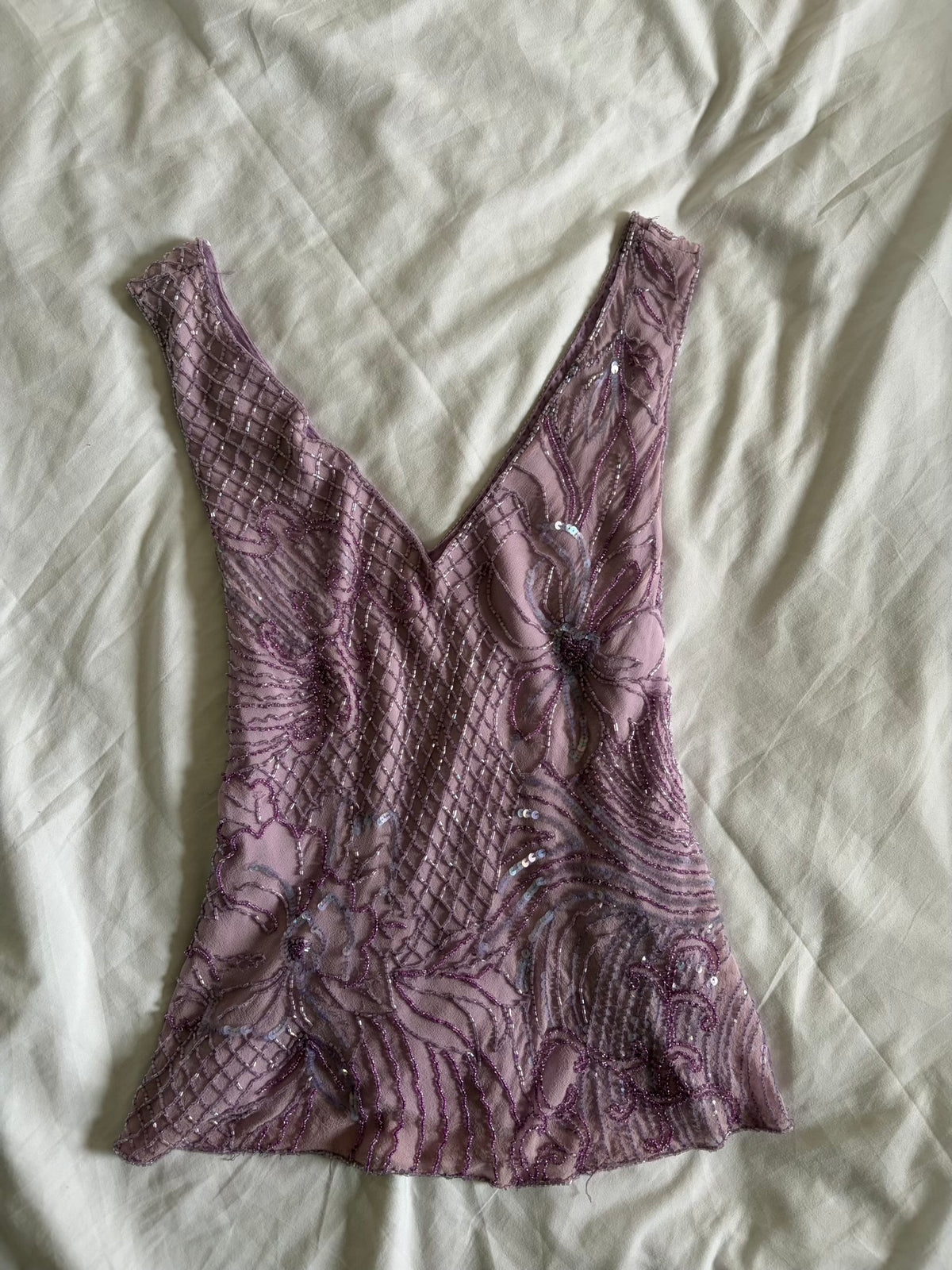 Vintage 2000s Lilac Silk Beaded and Sequin Fairy Cami