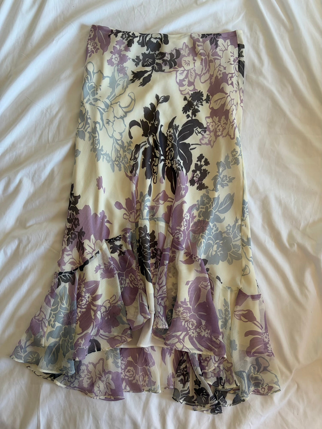 Vintage Y2K cream blue and purple floral floaty midi skirt