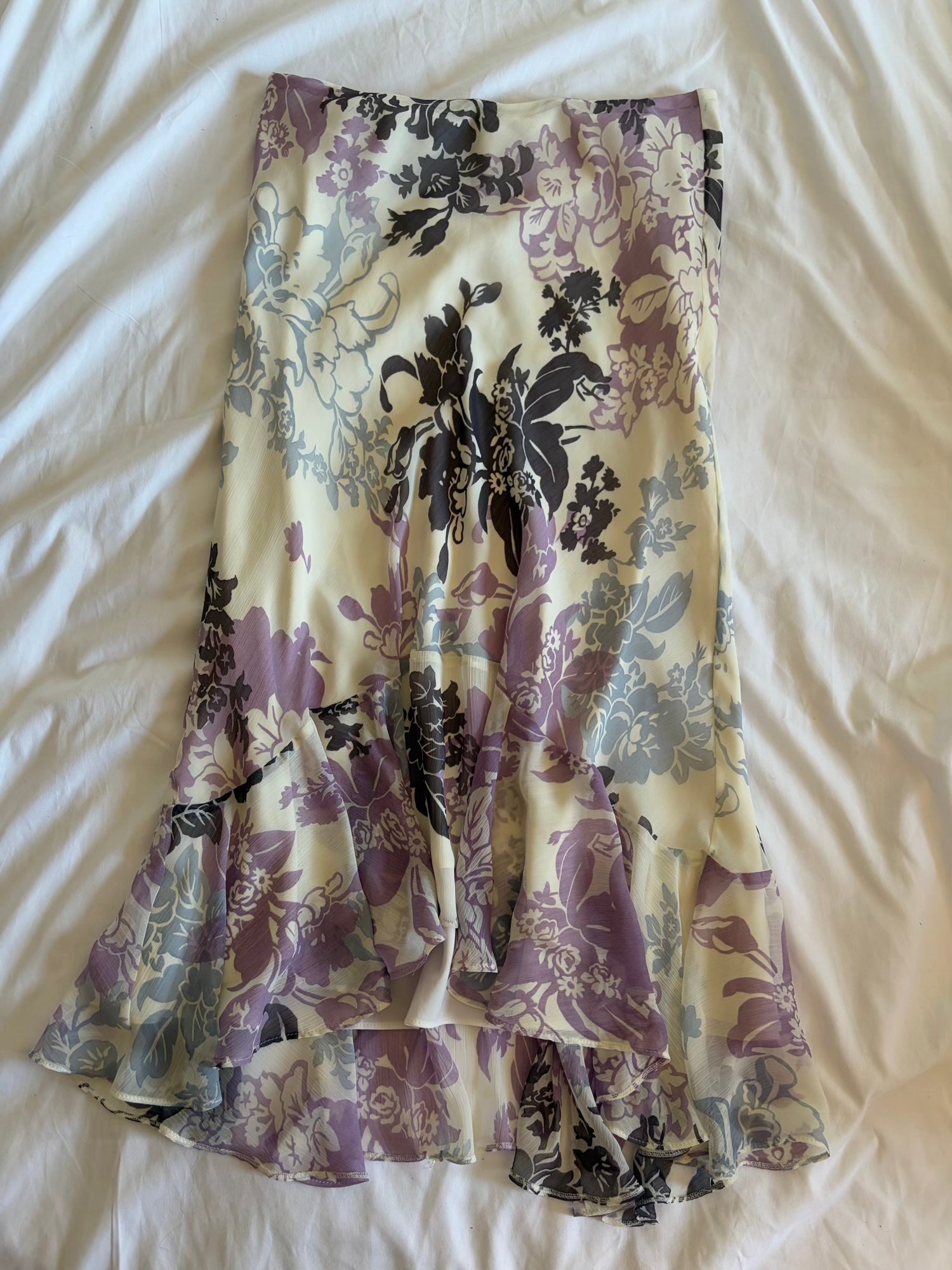 Vintage Y2K cream blue and purple floral floaty midi skirt