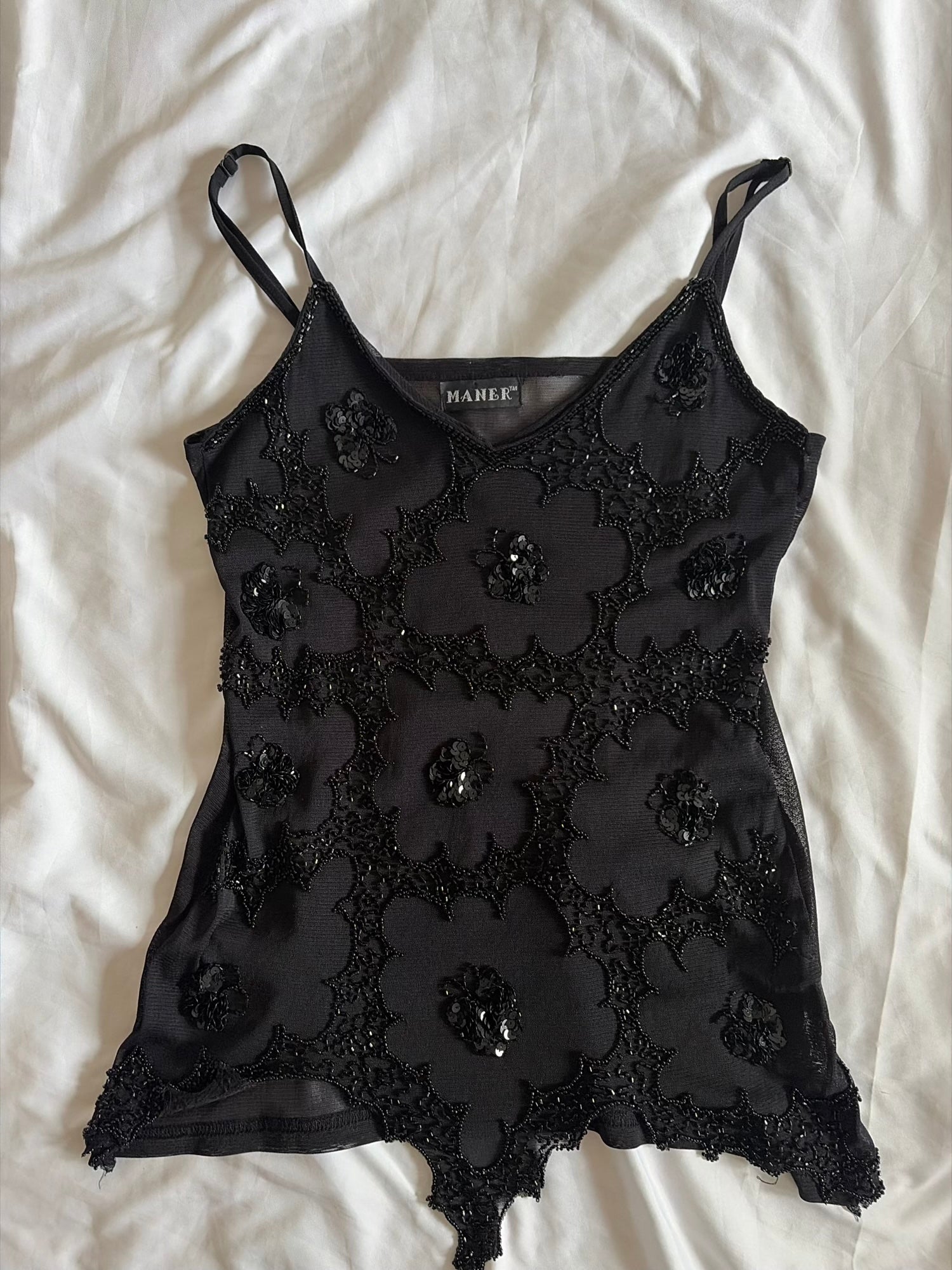 Vintage Y2K Black Handkerchief Hem Beaded and Sequin Cami