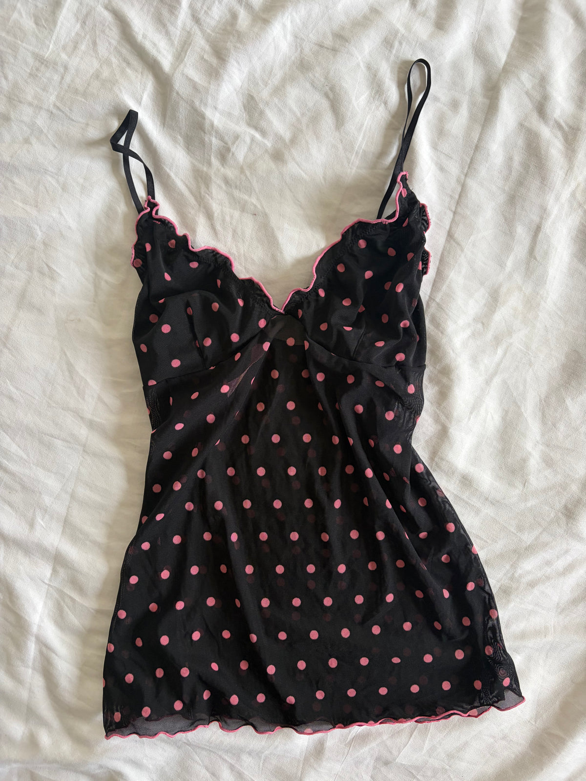 Vintage 2000s Black Mesh Cami with Hot Pink Polka Dots