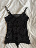 Vintage Y2K Black Handkerchief Hem Beaded and Sequin Cami