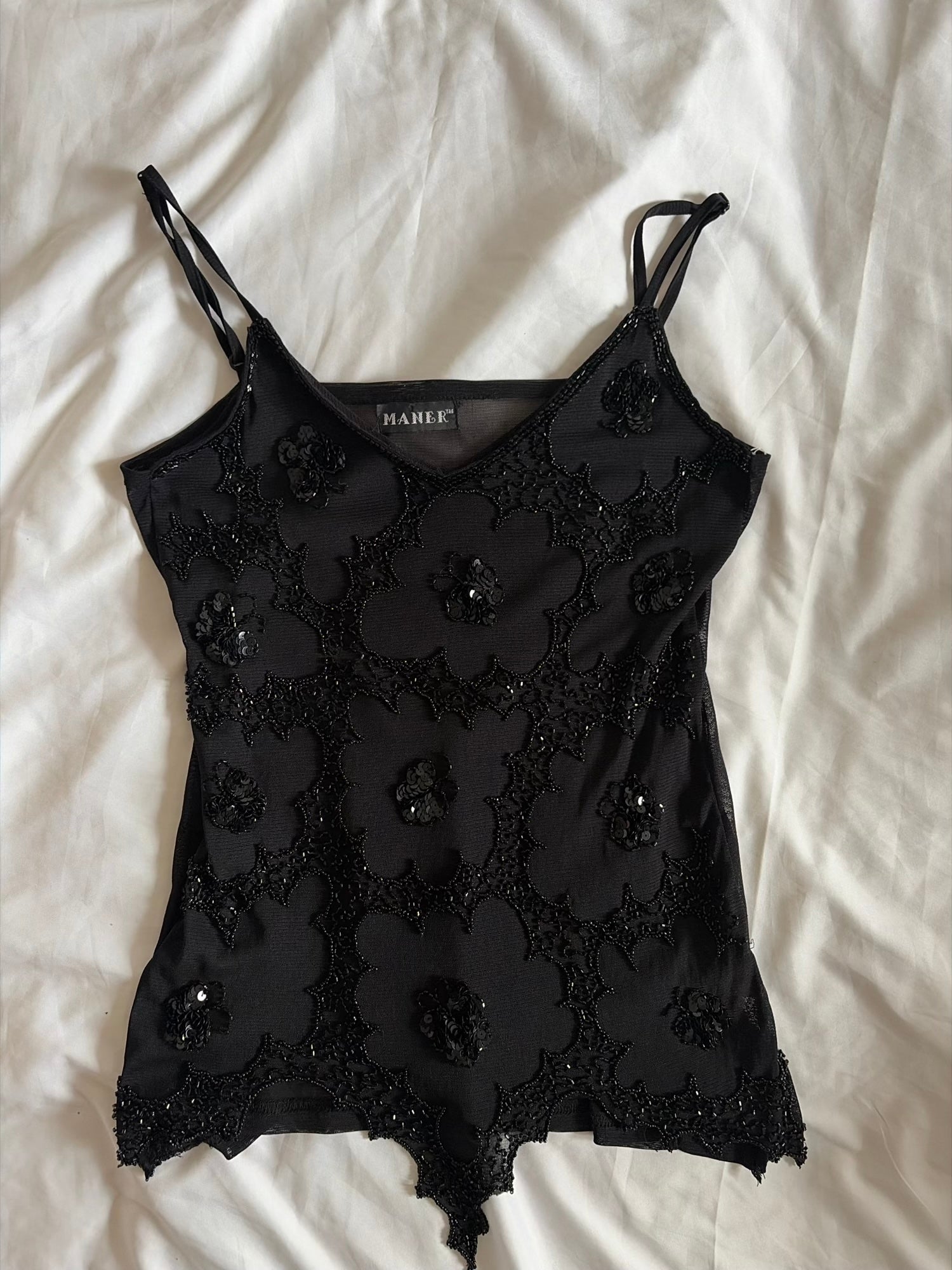 Vintage Y2K Black Handkerchief Hem Beaded and Sequin Cami