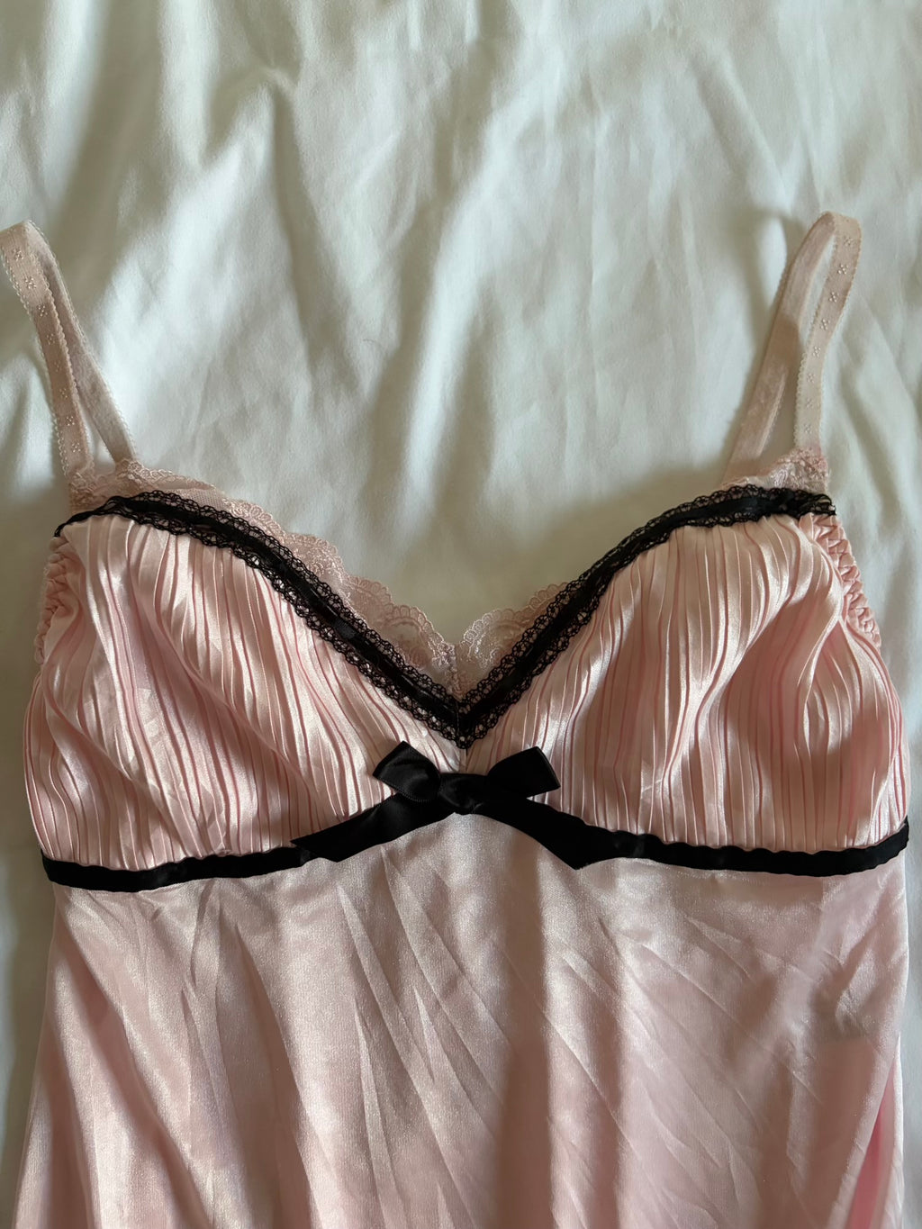 Vintage Y2K Japanese baby pink and satin babydoll style cami with black details and ribbon