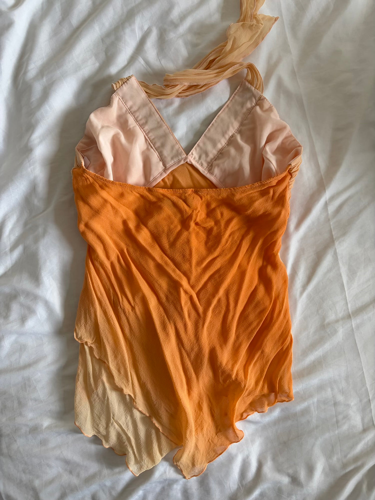 Vintage 2000s Silk Sunset Orange Asymmetrical Hem Halter with Beads and Sequins