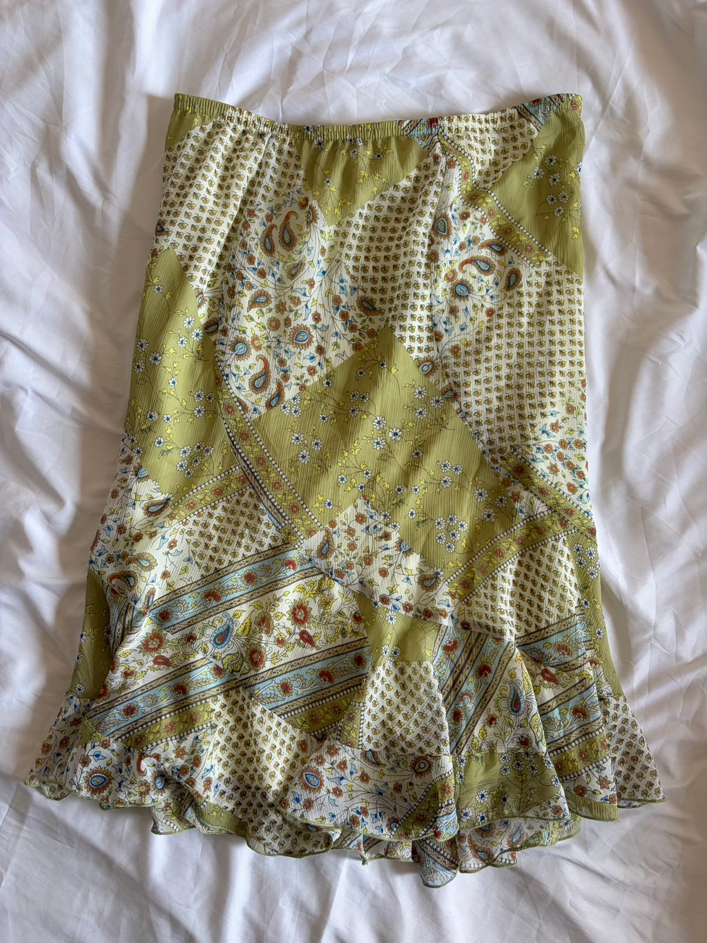 Vintage 1990s Green Floral and Paisley Midi Skirt with Floaty Hem