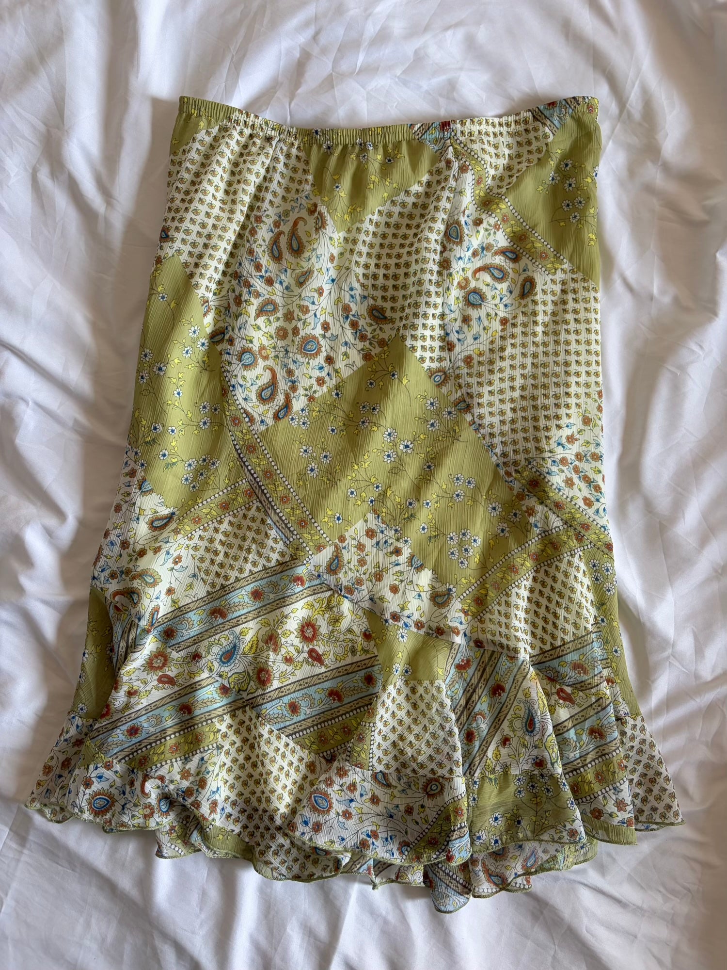 Vintage 1990s Green Floral and Paisley Midi Skirt with Floaty Hem