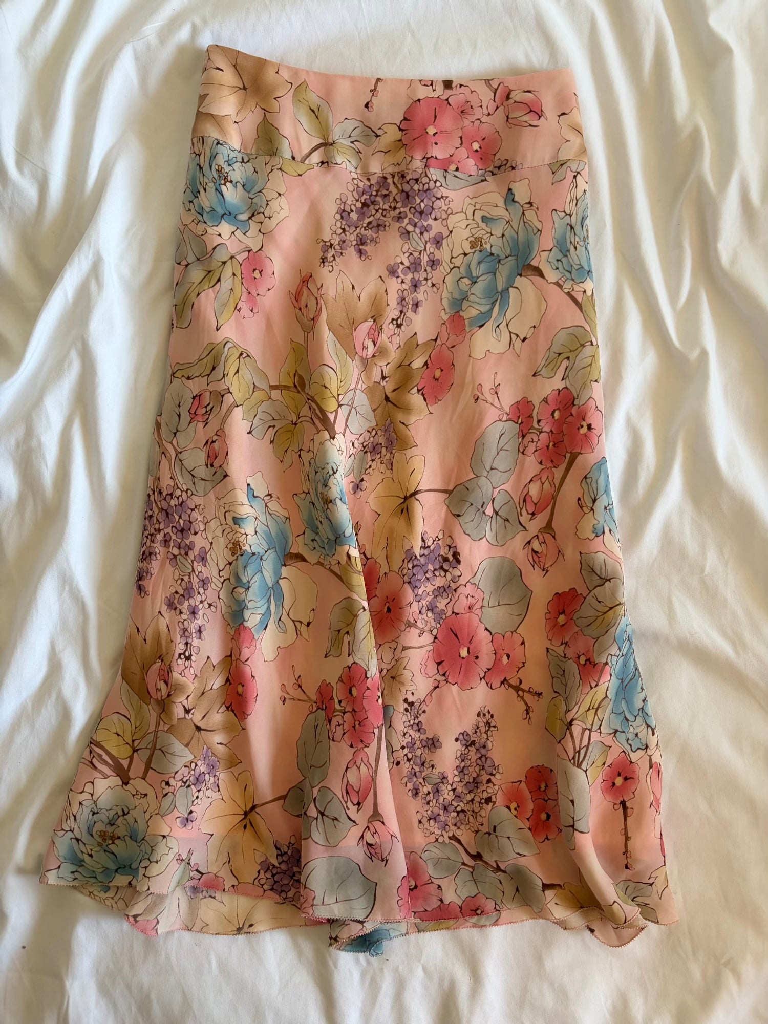 Vintage Y2K pastel silk floral midi skirt with ruffle hem