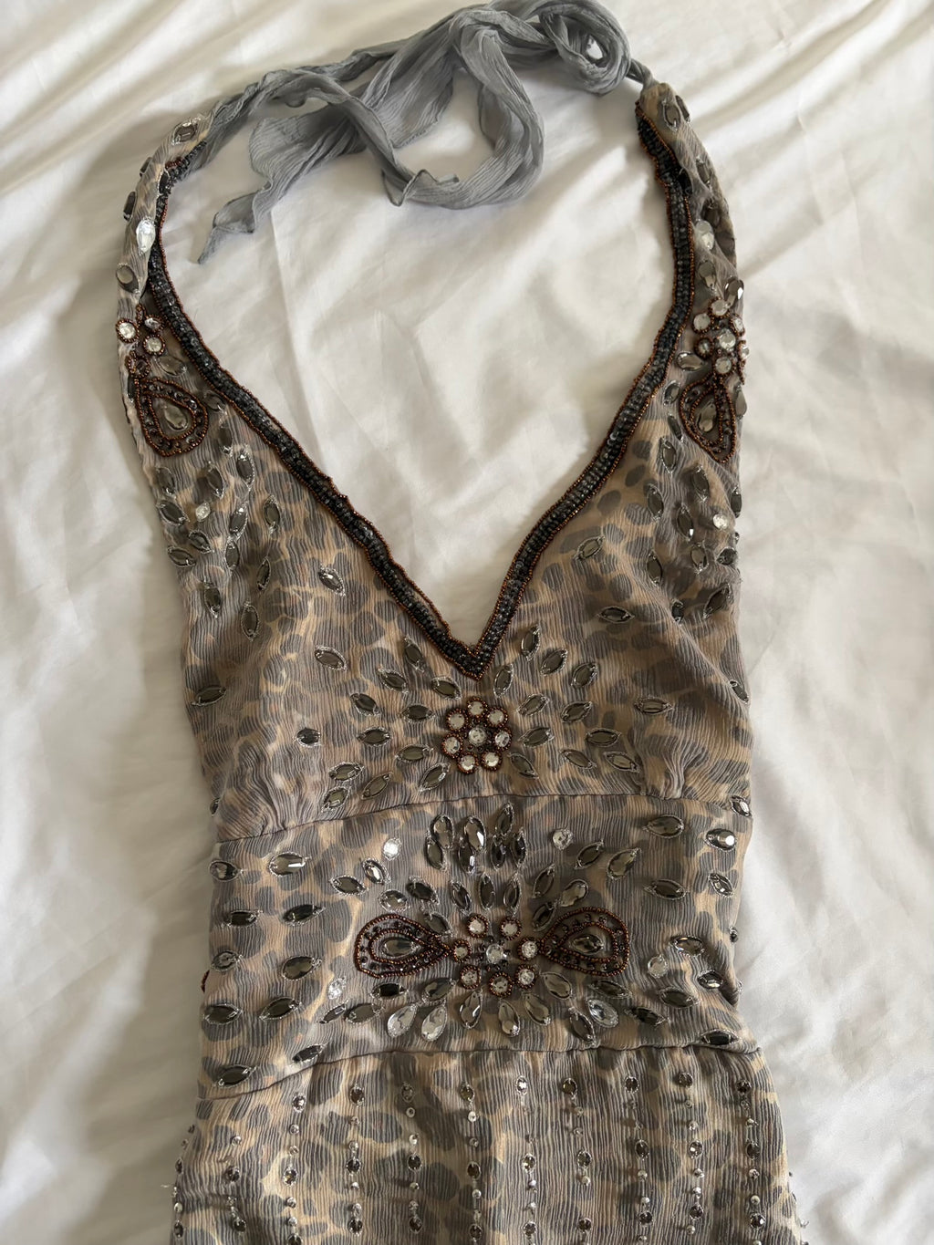 Vintage Aftershock Silk Leopard Bejewelled Halterneck Dress