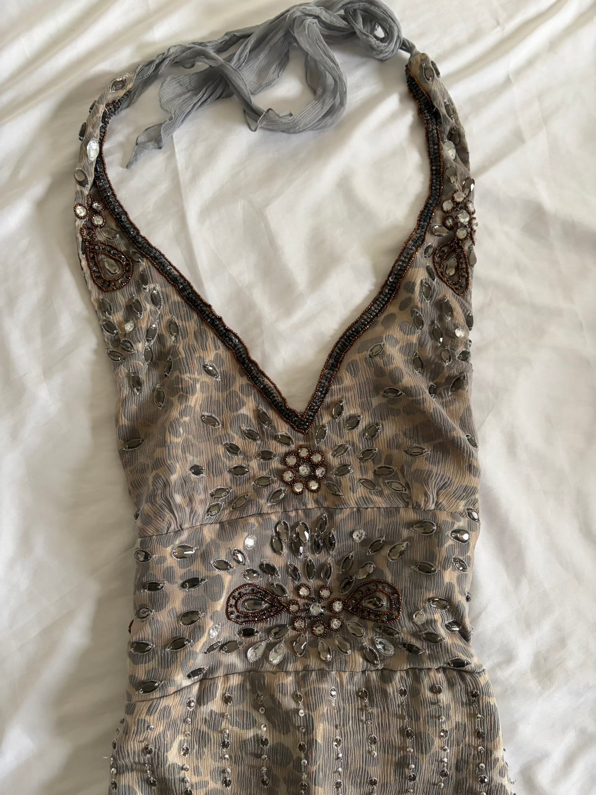 Vintage Aftershock Silk Leopard Bejewelled Halterneck Dress