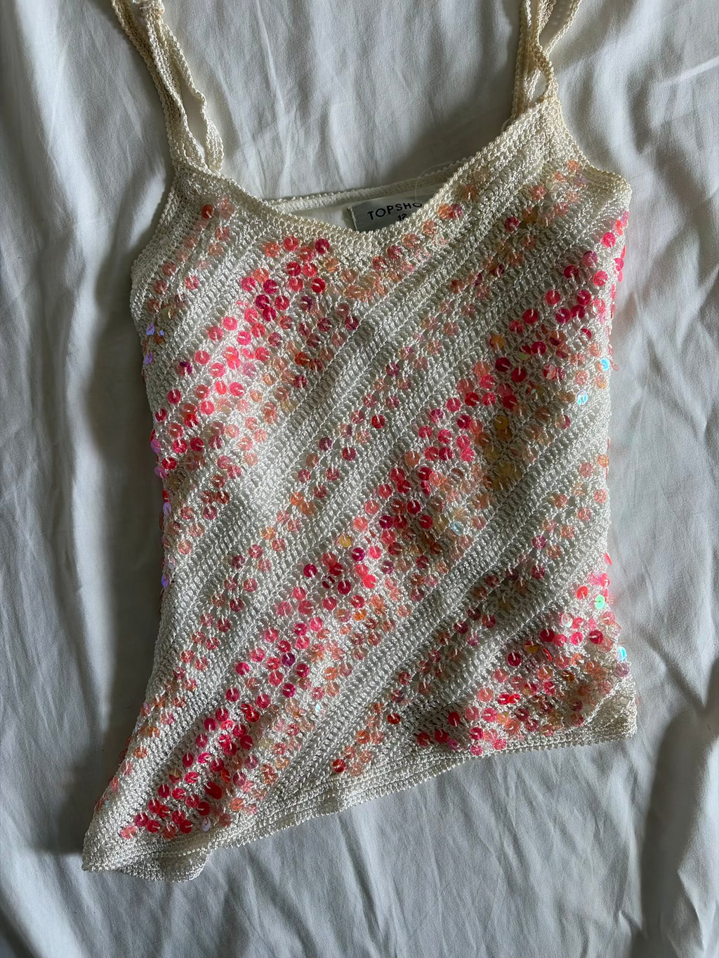 Vintage Y2K Crochet Cami with Pink Iridescent Sequins and Asymmetrical Hem