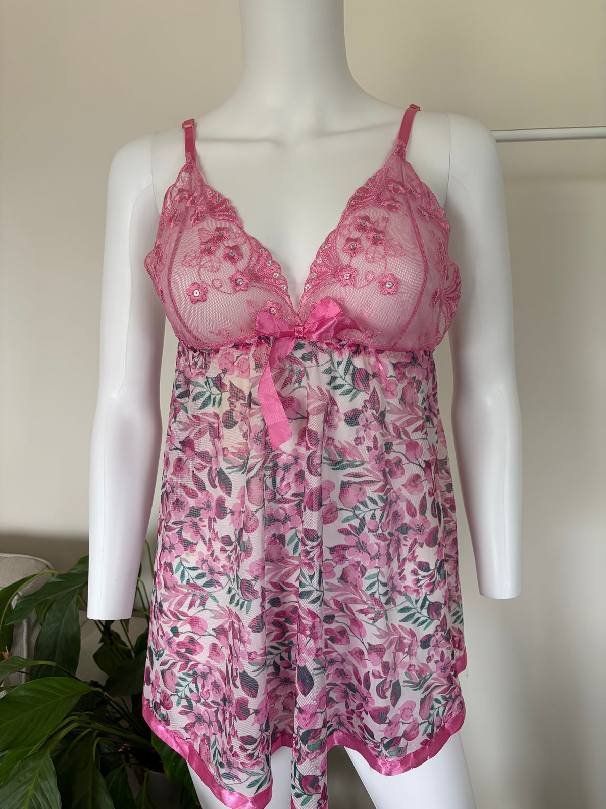 Vintage 2000s Pink Floral Babydoll with Sequin-Embroidered Cups