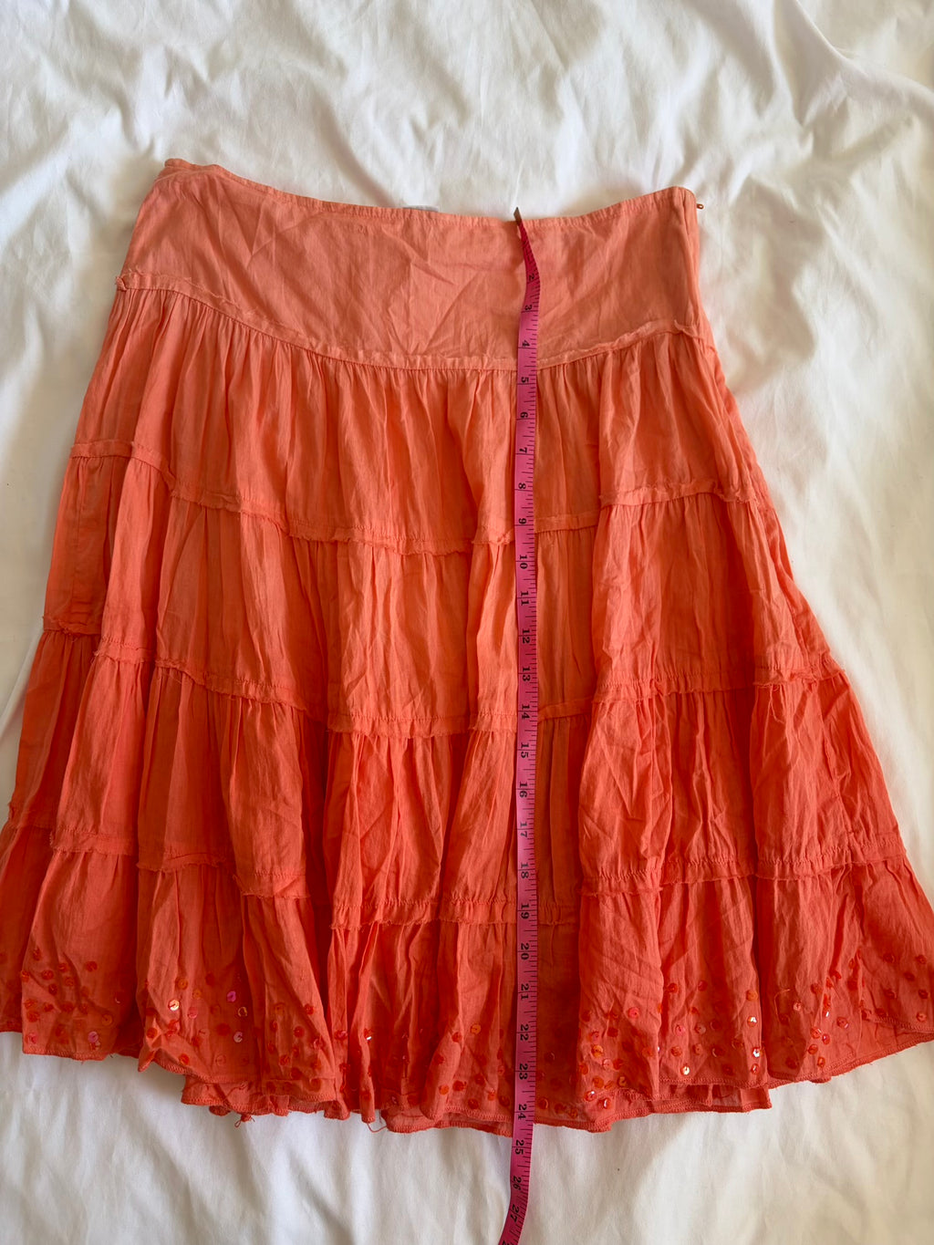 Vintage Y2K sunset orange cotton midi tiered skirt with sequin hem