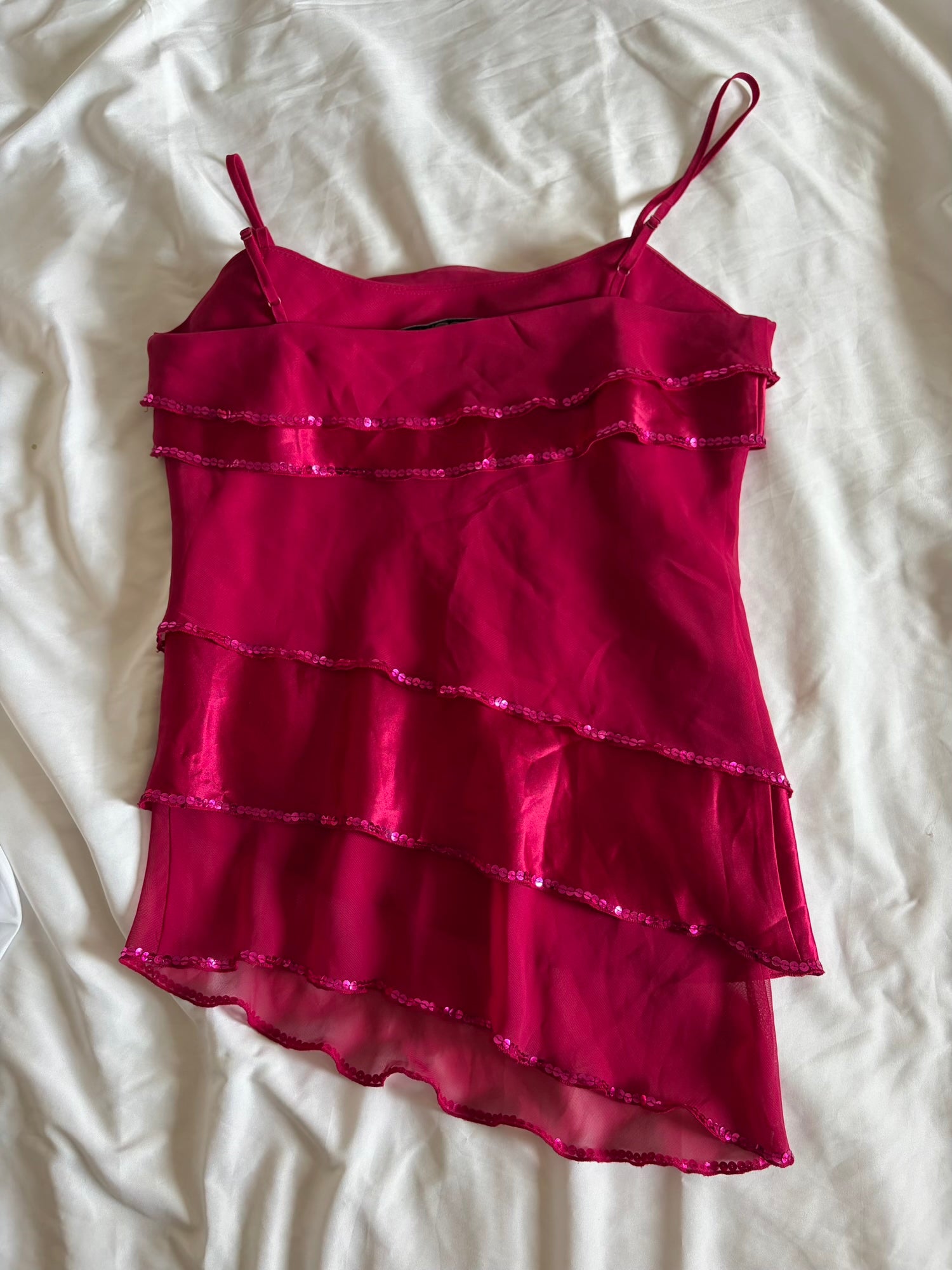 Vintage Y2K hot pink asymmetrical hem ruffle cami with sequin detail