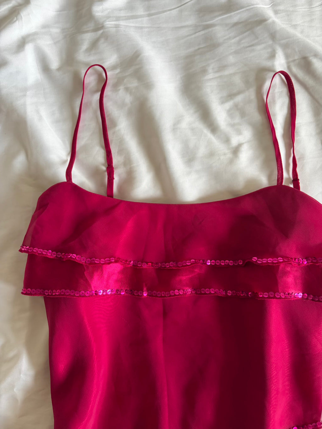 Vintage Y2K hot pink asymmetrical hem ruffle cami with sequin detail