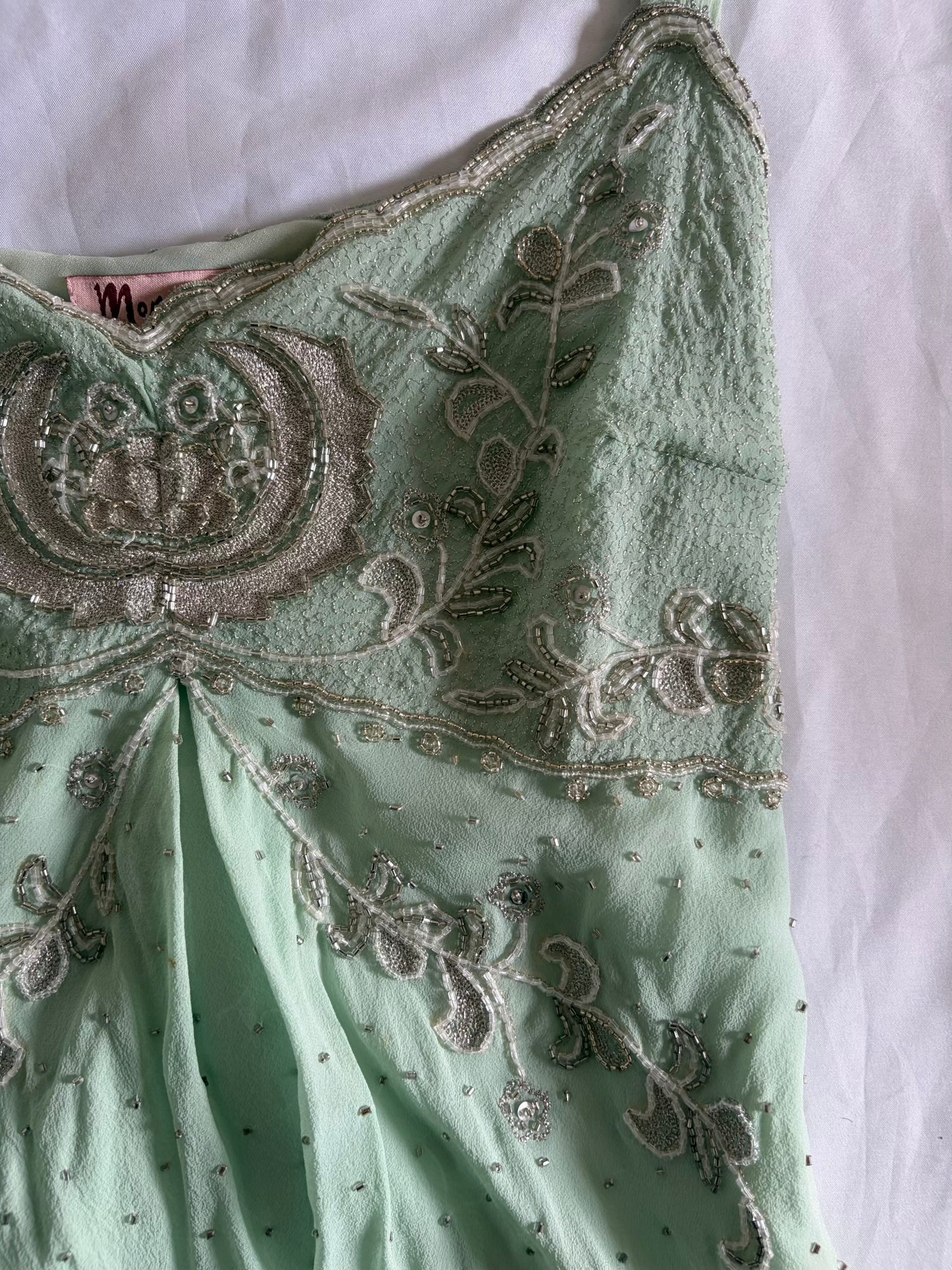 Vintage Y2K Silk Turquoise Mint Cami with Embroidery Beads and Sequin