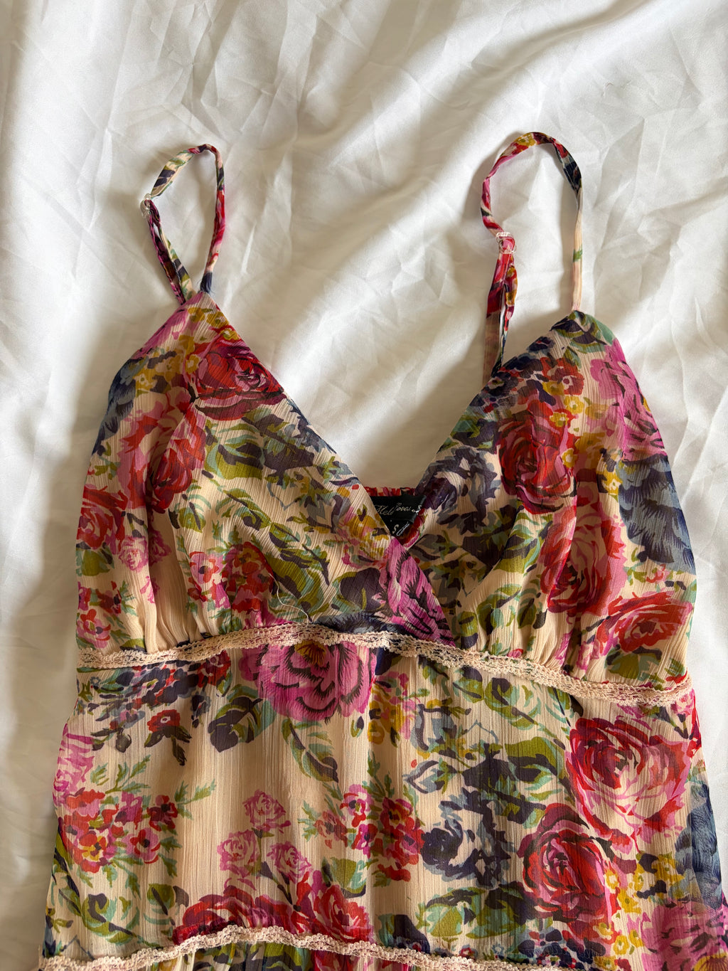 Vintage Y2K Floral Coquette Long Ruffle Cami with Lace