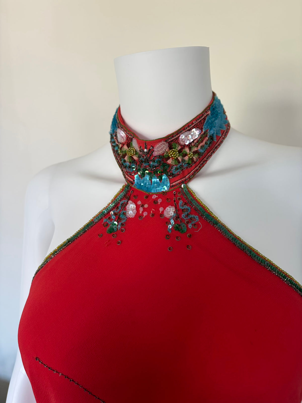 Vintage 2004 Karen Millen Red Silk Asymmetrical Hem Halterneck Dress with Beadwork