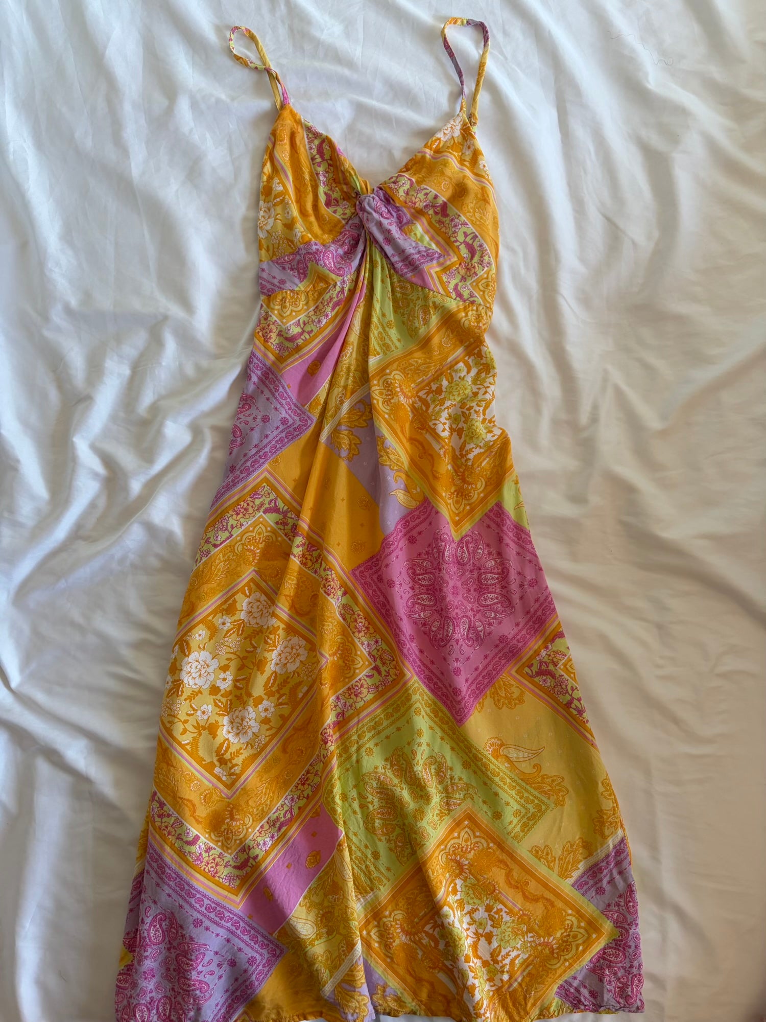 2010s Patchwork Paisley Yellow Lilac Orange and Pink Mini Dress