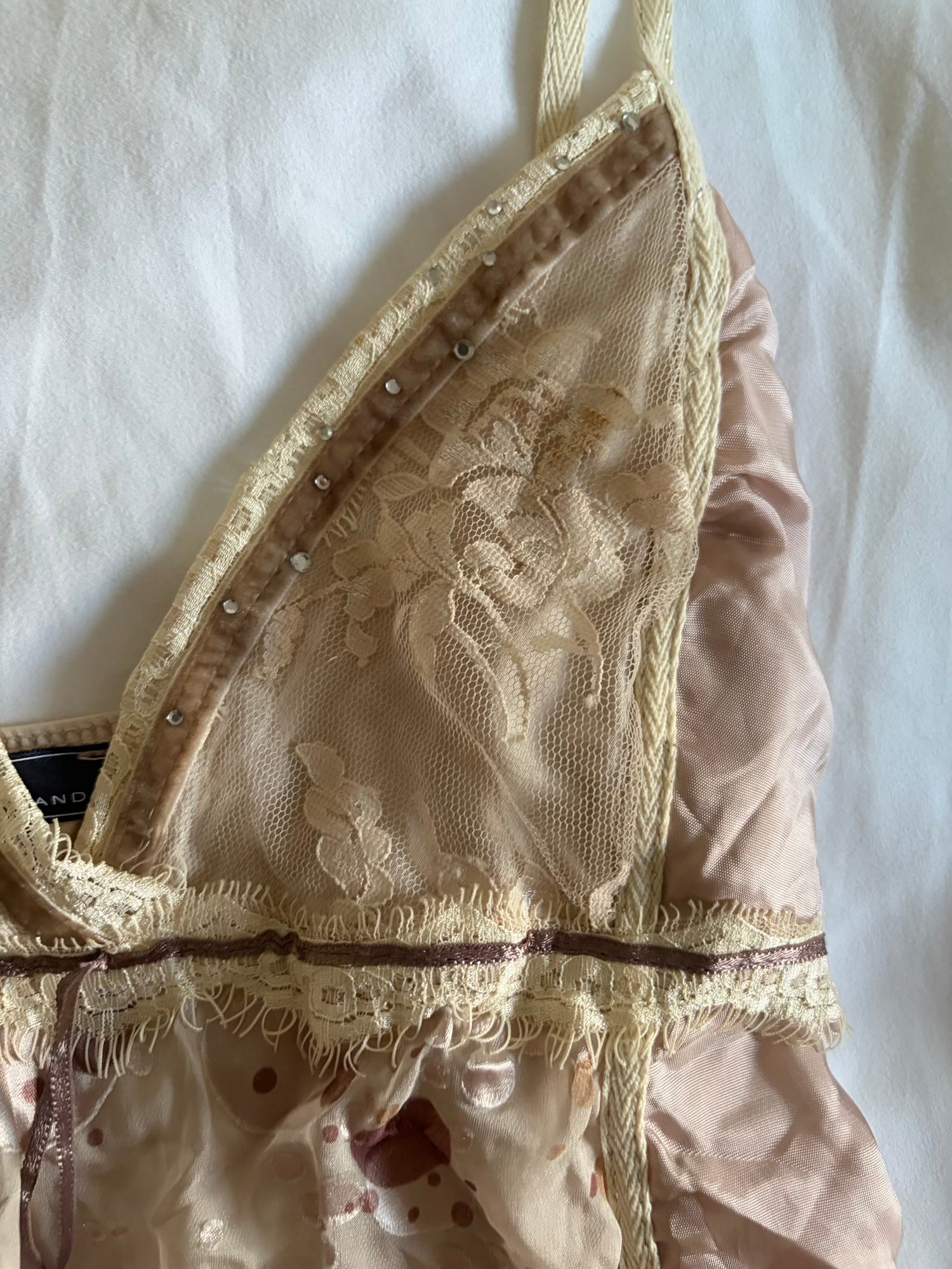 Vintage Y2K romantic fairy cami with lace, ribbon and diamontes and polka dot details