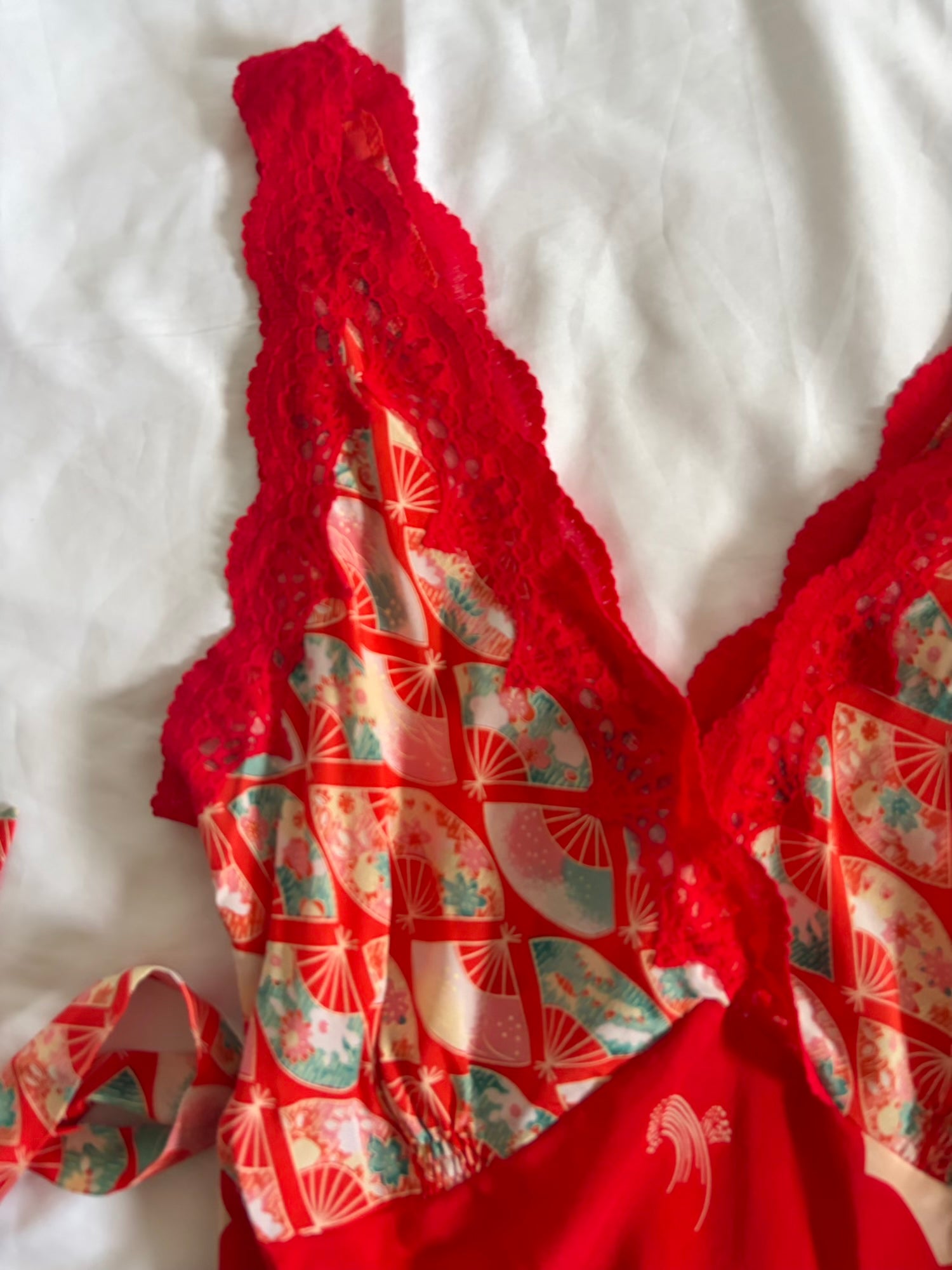 Vintage Y2K Silk Red and Turquoise Tie Back Top