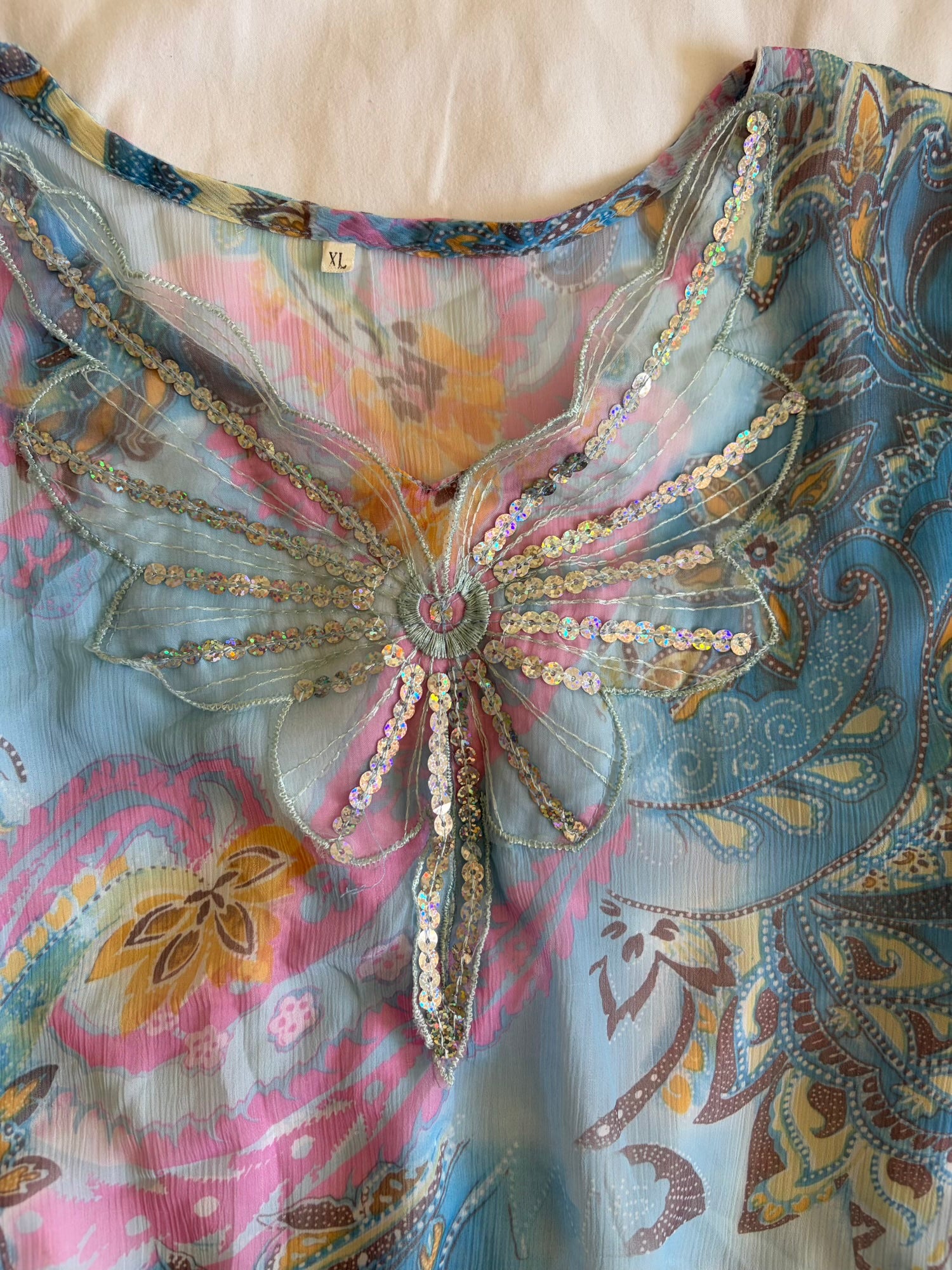 Vintage Y2K blue butterfly paisley short sleeve handkerchief hem top with sequins