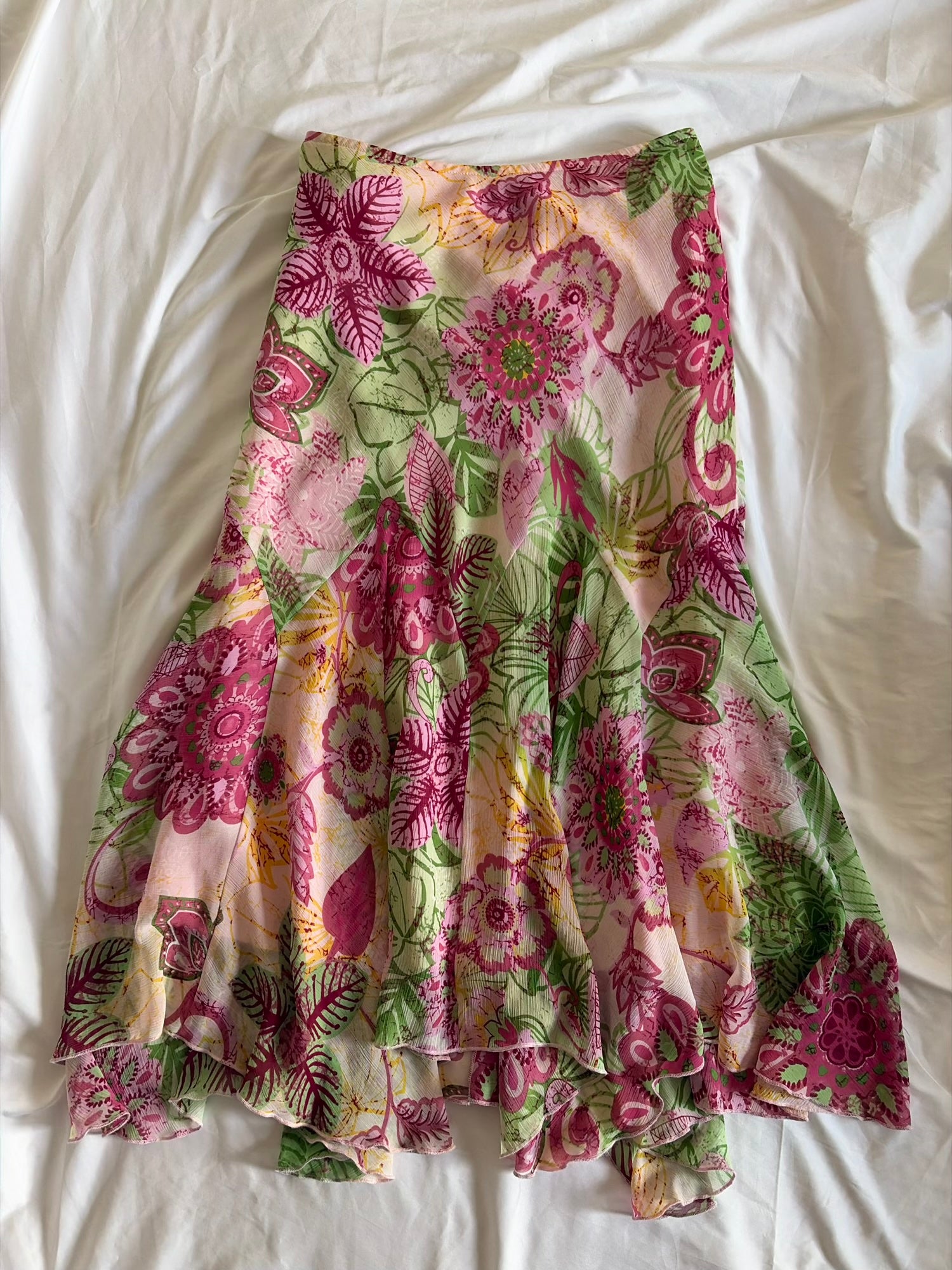 Vintage Y2K Pink and Green Floral Mermaid Hem Skirt