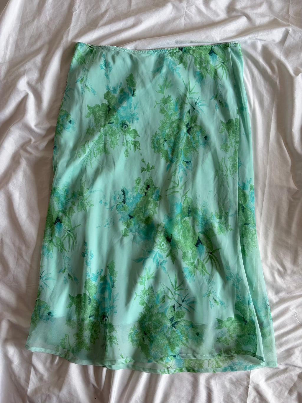 Vintage 1990s Turquoise and Green Floral Midi Skirt