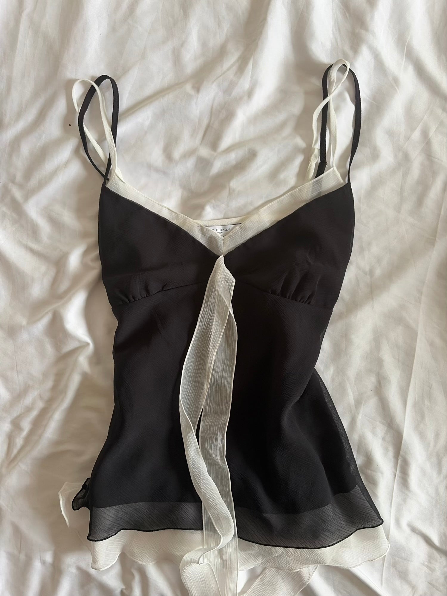 Vintage Y2K Grungy Black and White Tie Bust Cami with Double Straps