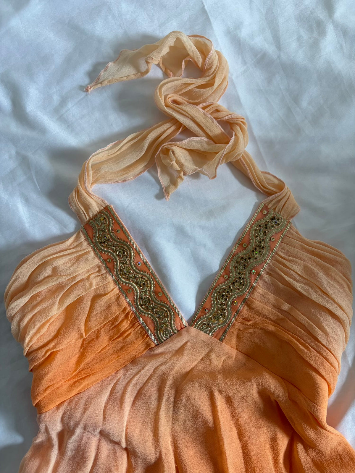 Vintage 2000s Silk Sunset Orange Asymmetrical Hem Halter with Beads and Sequins