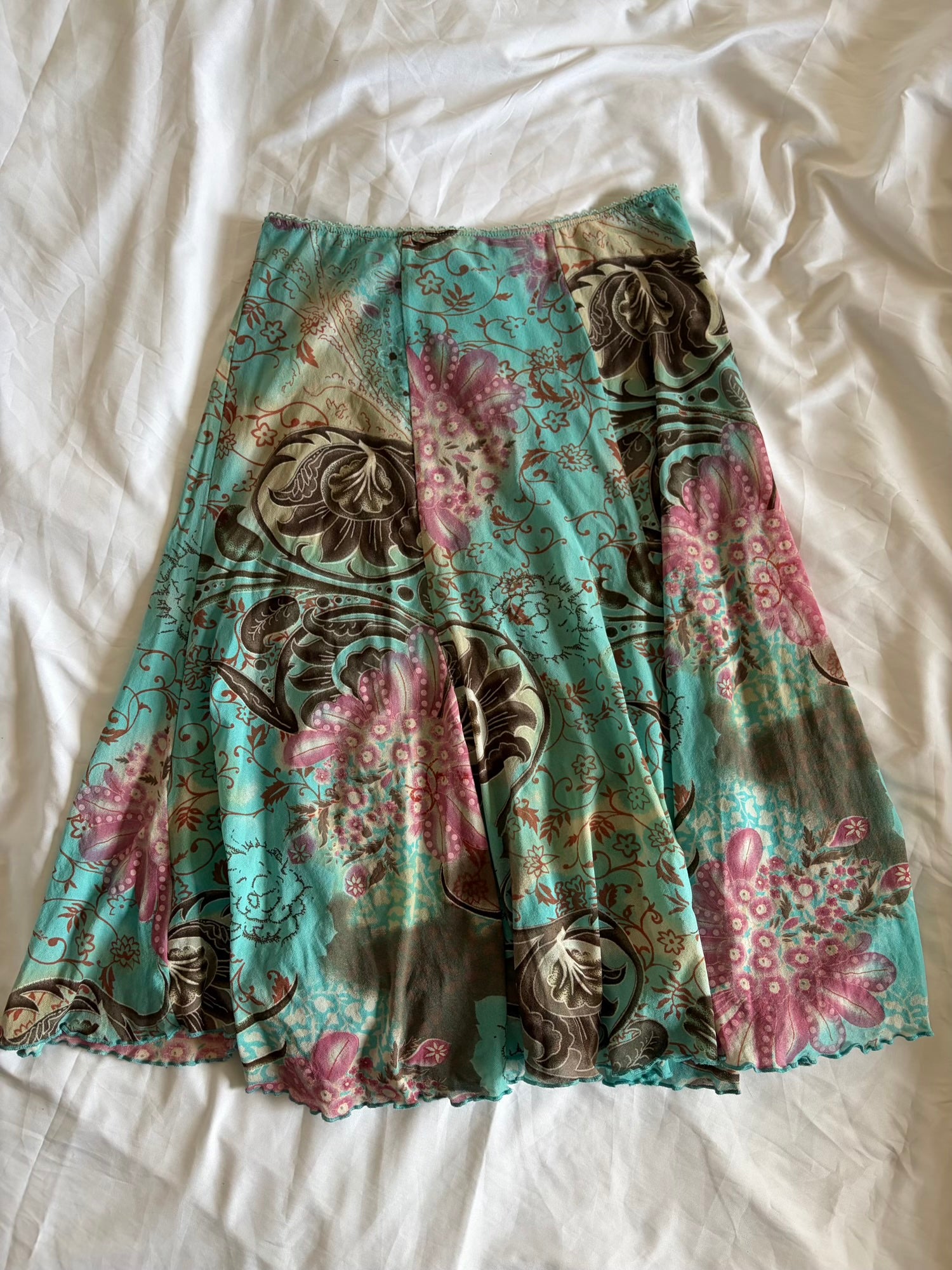 Vintage 1990s Blue Floral Graphic Micromesh Midi Skirt with Mermaid Hem
