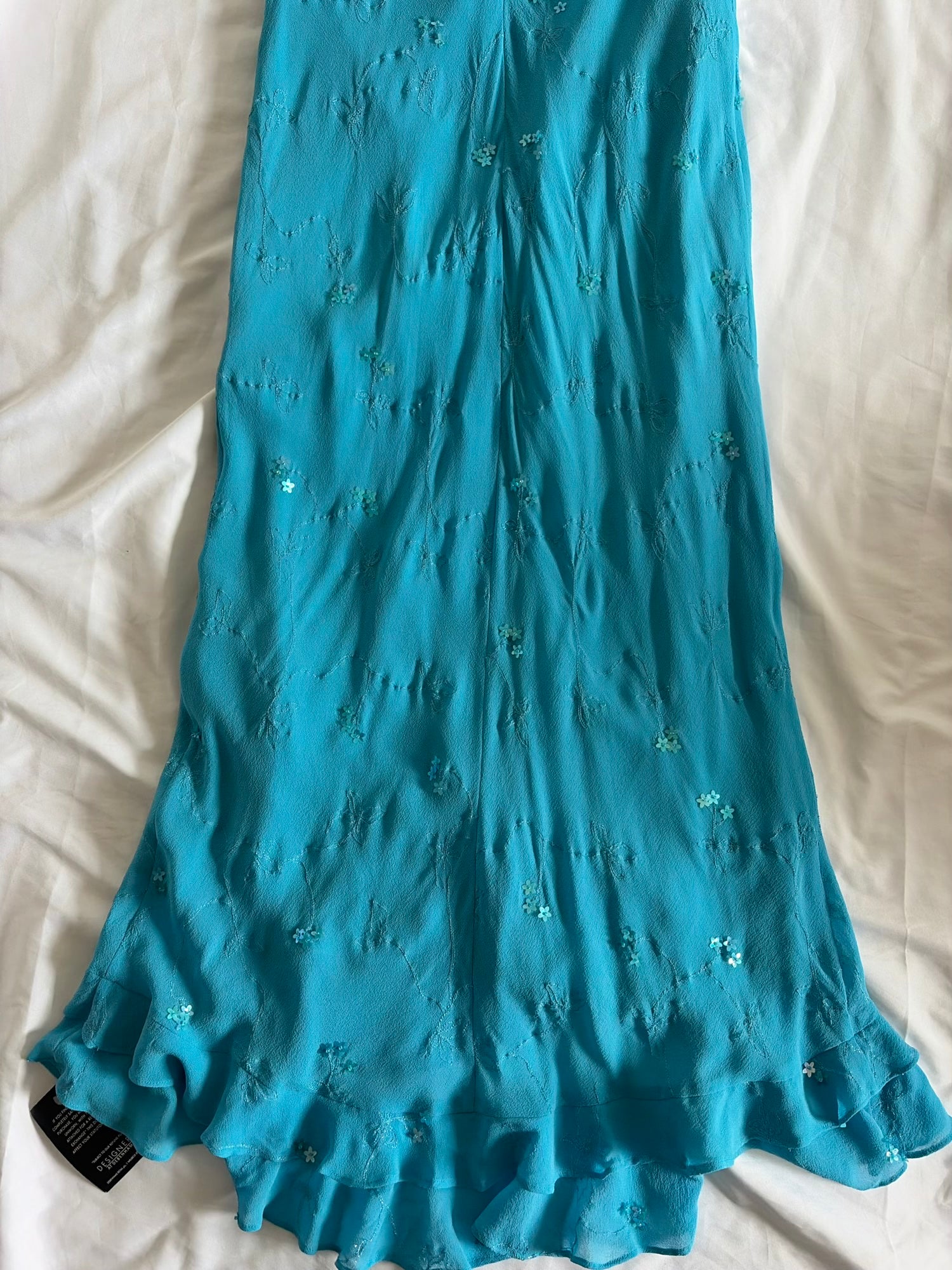 Vintage 1990s Turquoise Silk Asymmetrical Hem Dress with Mini Flowers and Beads